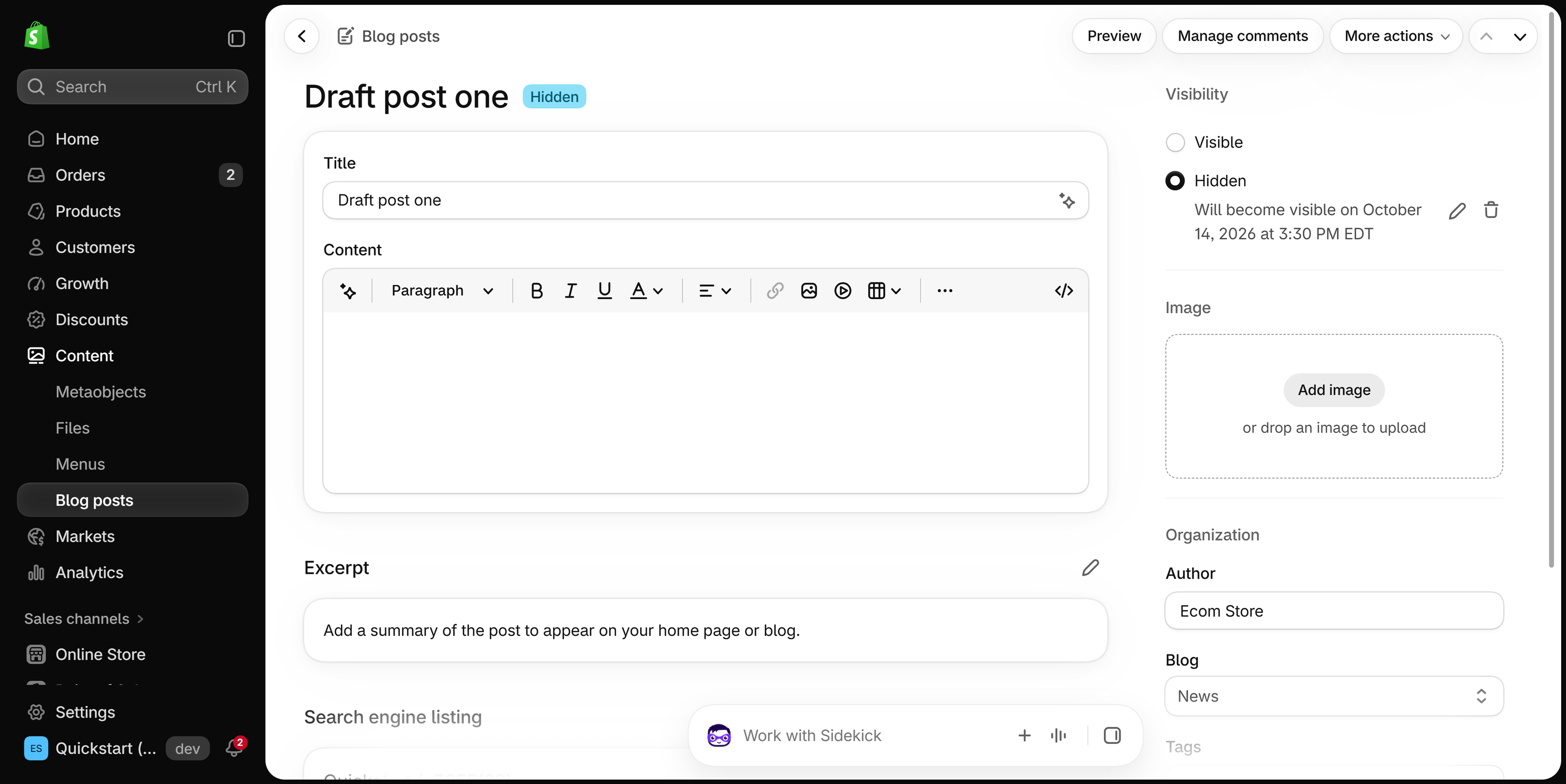 Visibility section of a scheduled post: Hidden selected, the date it will become visible, pencil and trash icons