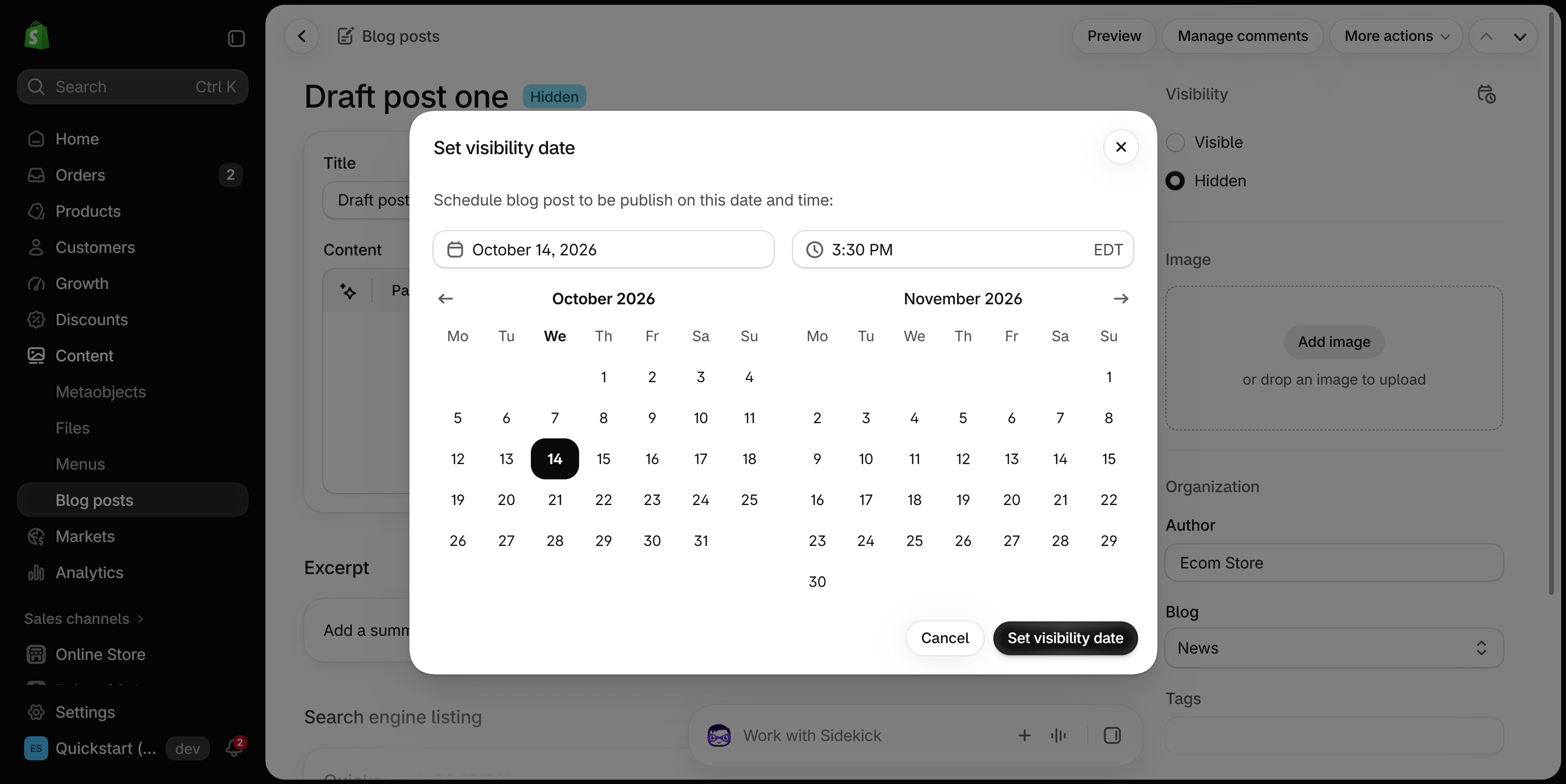 Set visibility date dialog with a date field, a time field showing 3:30 PM EDT and a two-month calendar