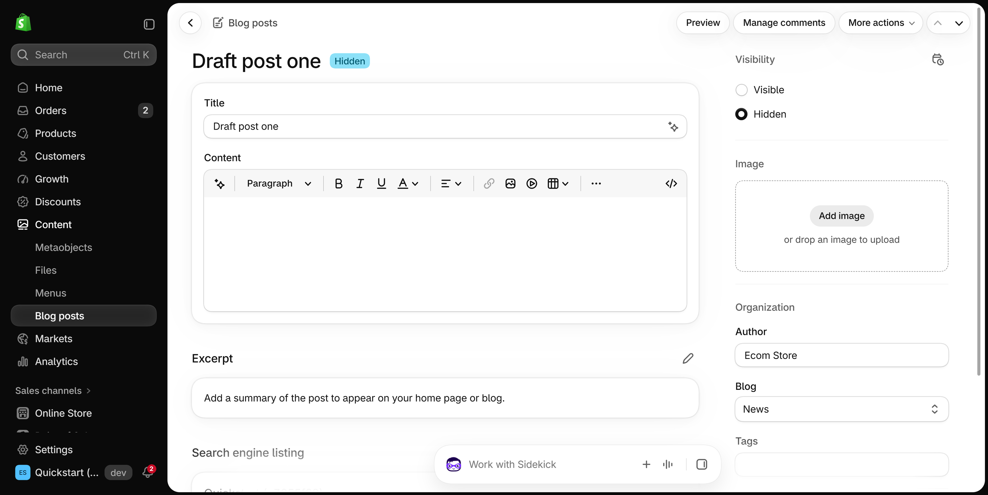 Blog post editor with the Visibility section at the top right: Visible and Hidden options and a calendar icon