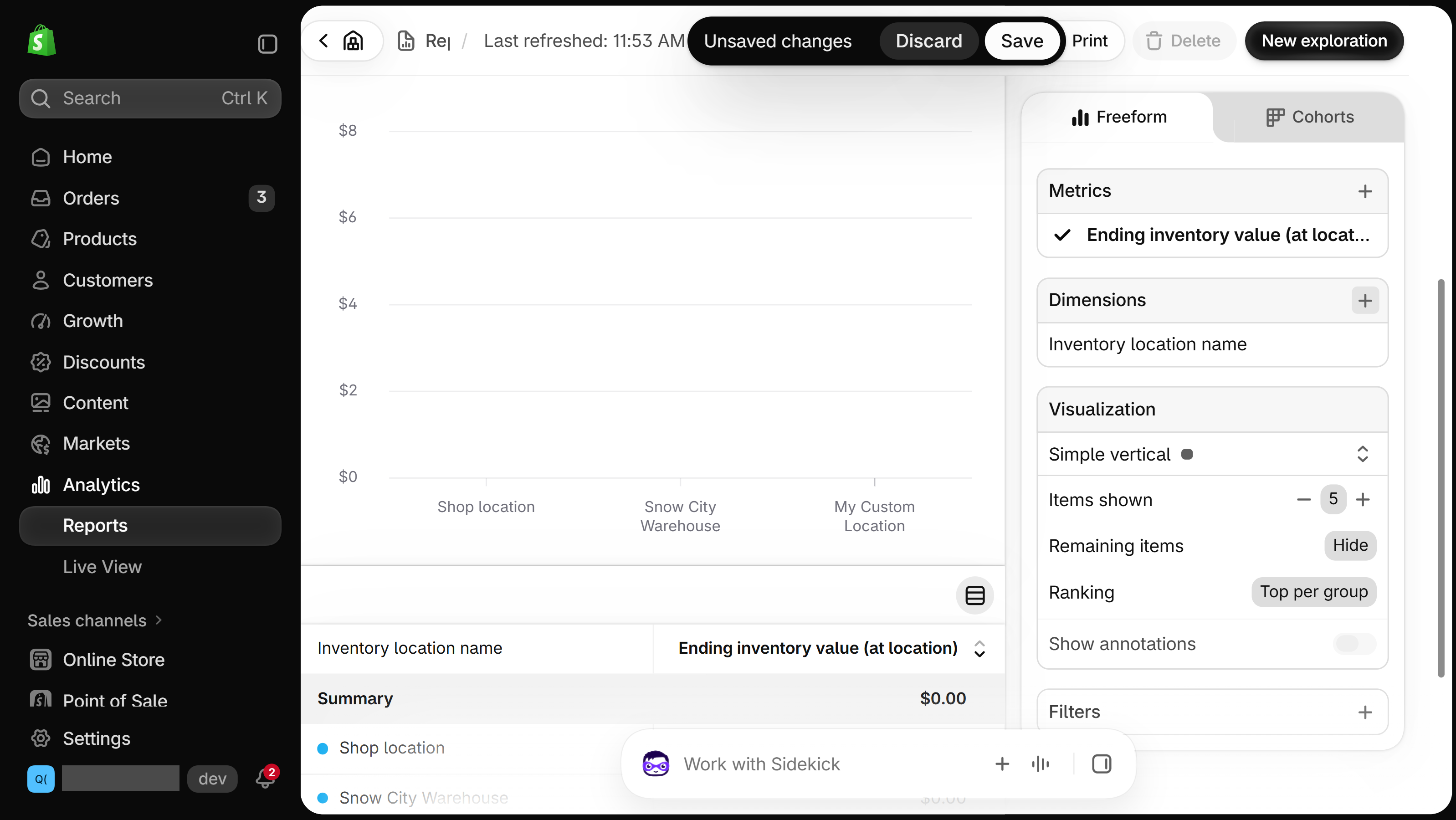 Shopify admin new exploration with Ending inventory value (at location) under Metrics, Inventory location name under Dimensions, and a chart of three locations above the data table