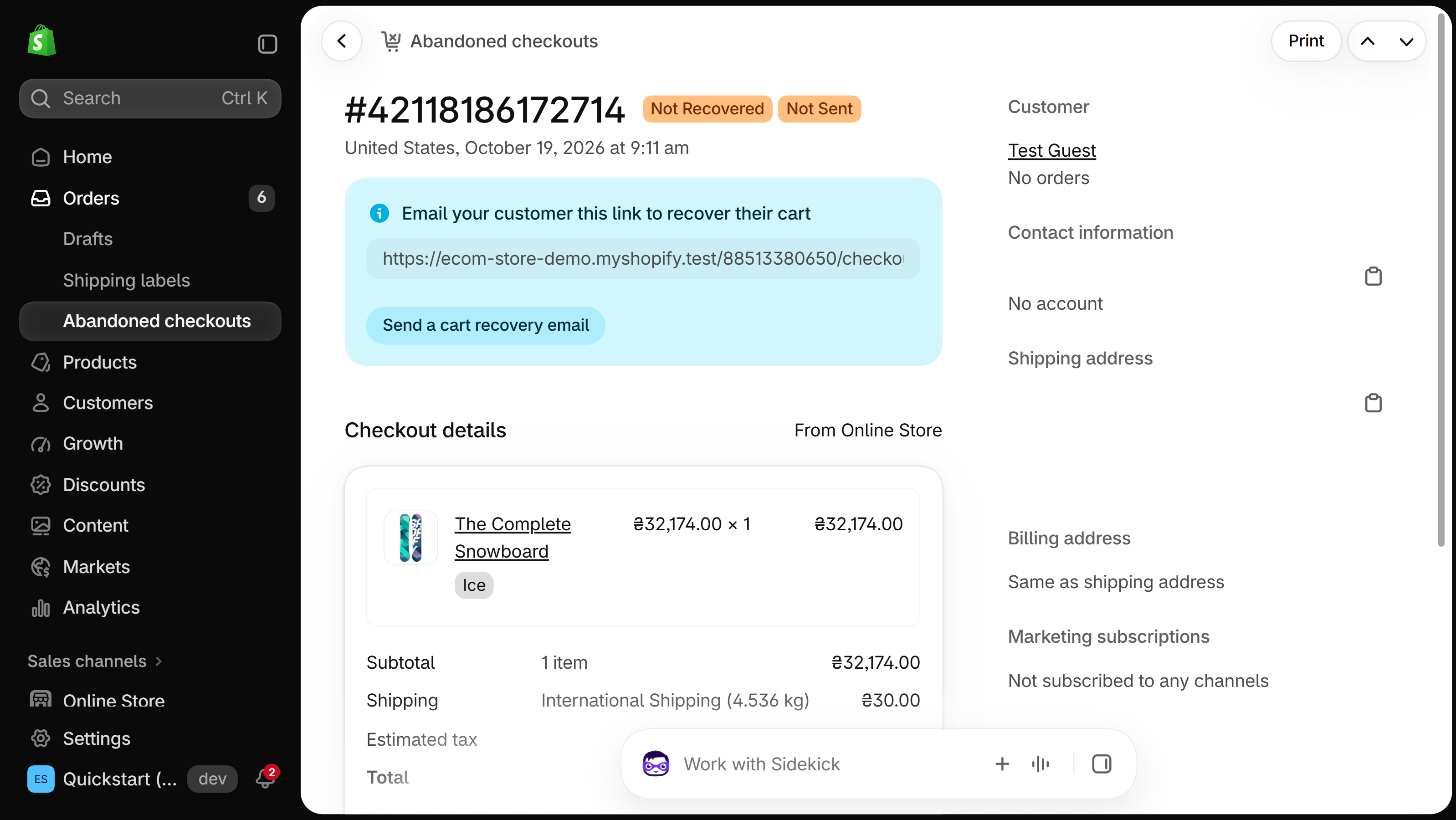 Abandoned checkout record with Not Recovered and Not Sent badges, a cart recovery link with a Send a cart recovery email button, and checkout details listing one snowboard.