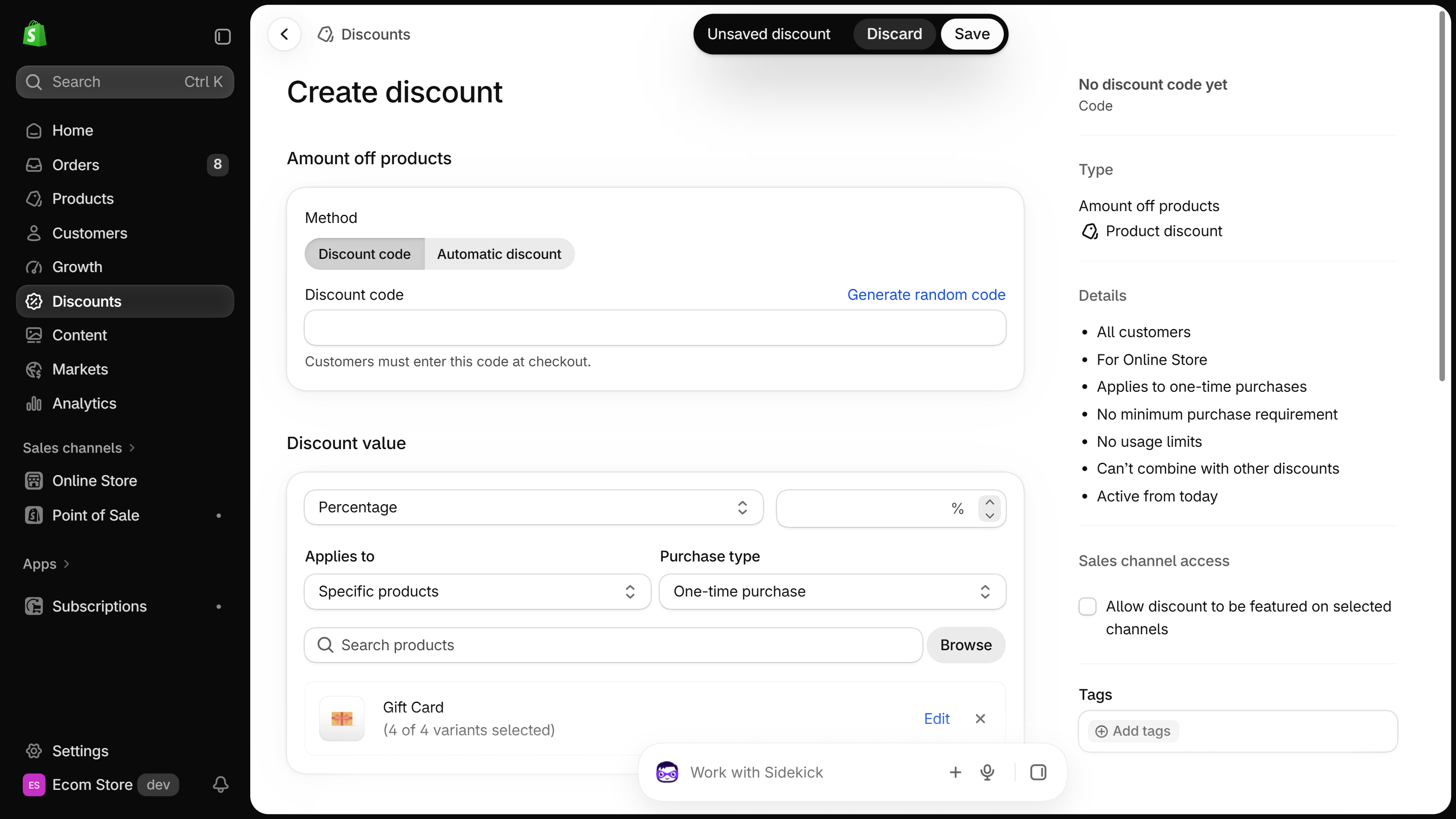 Create discount form for an Amount off products discount with Applies to set to Specific products and a Gift Card product added.