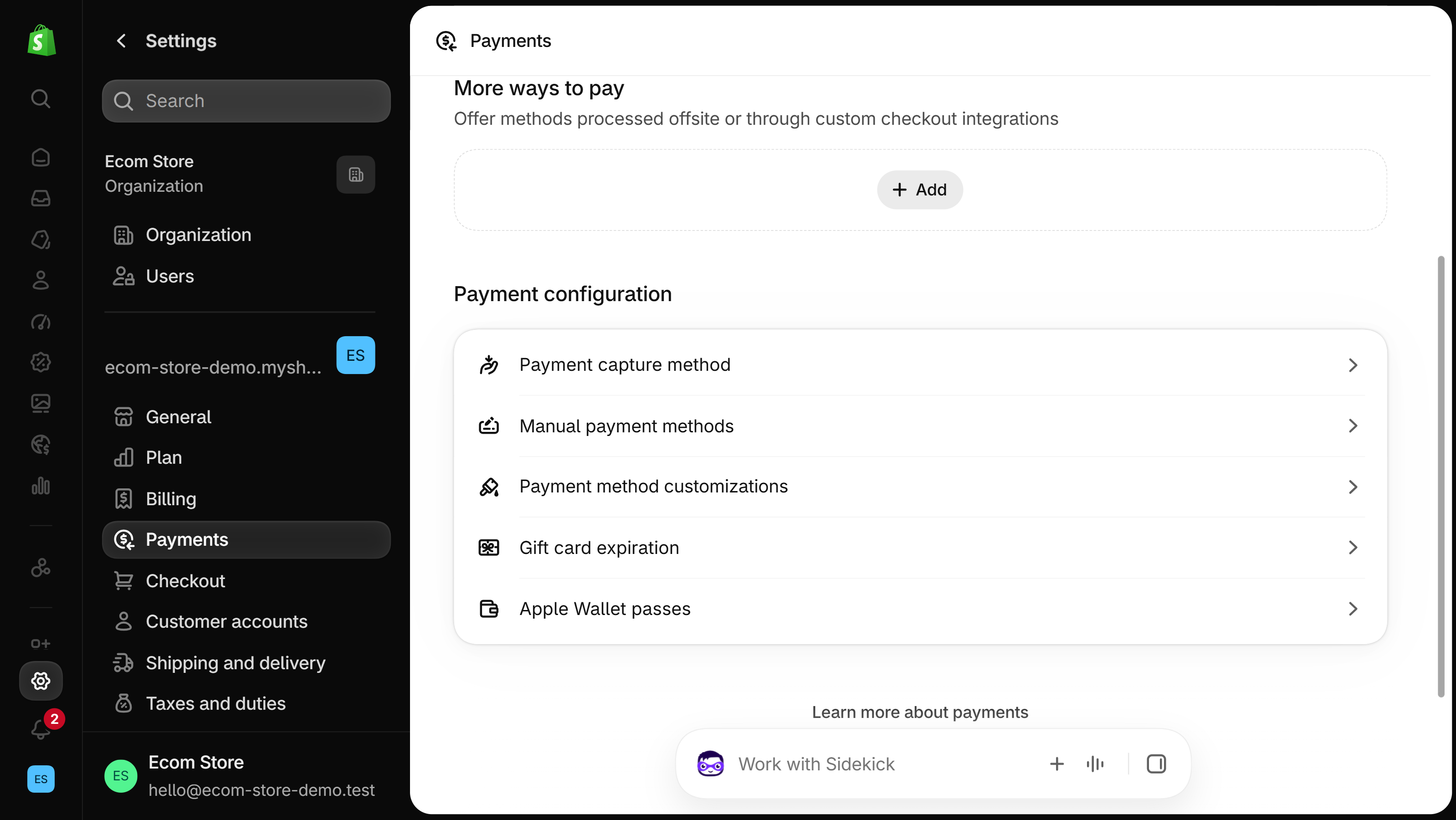 Shopify admin Settings, Payments page with the Payment configuration section listing Payment capture method, Manual payment methods, Payment method customizations, Gift card expiration and Apple Wallet passes