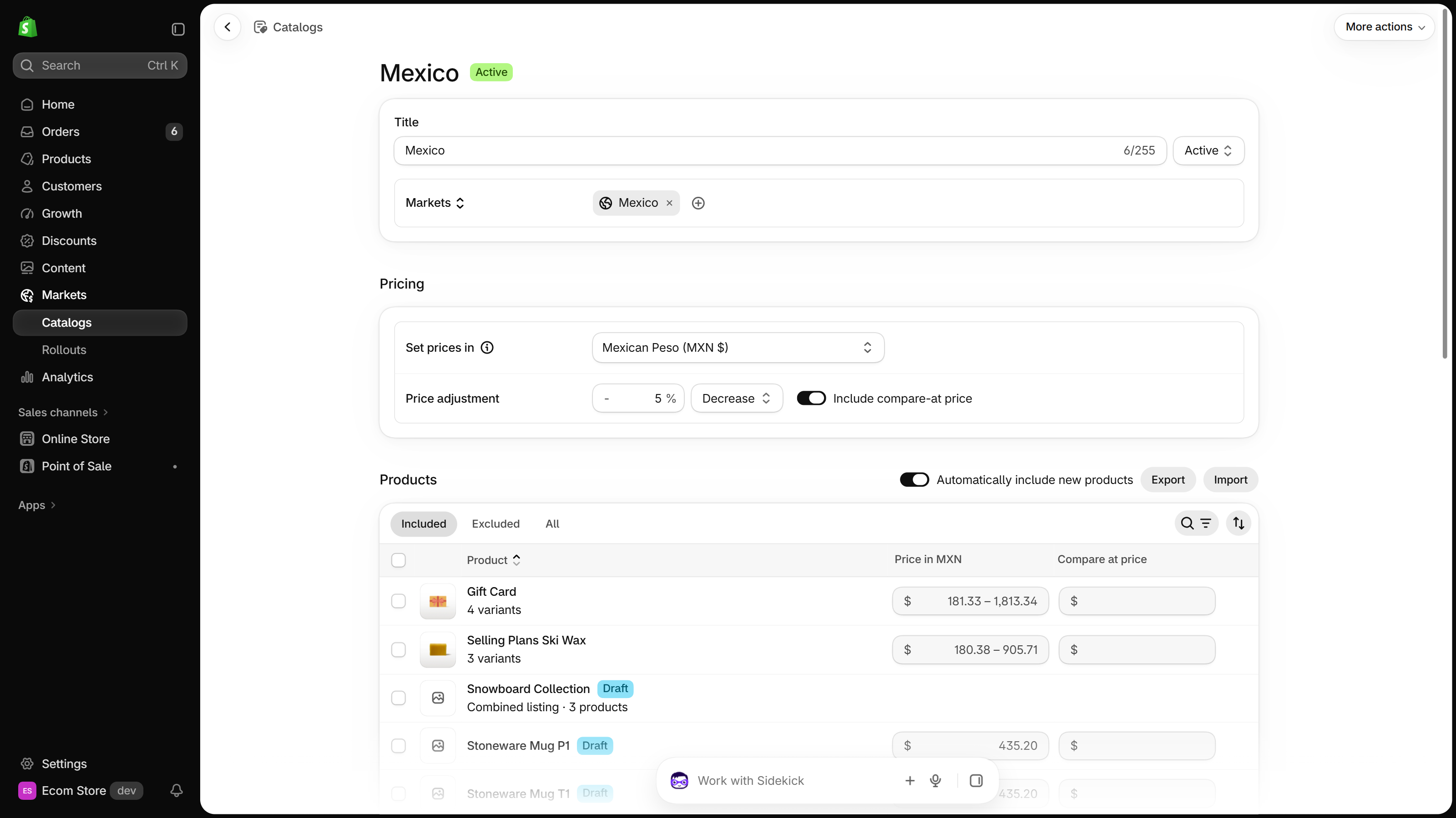 Catalog page in the Shopify admin with a percentage price adjustment, the Include compare-at price toggle and a Products table with Price in MXN and Compare at price fields per product