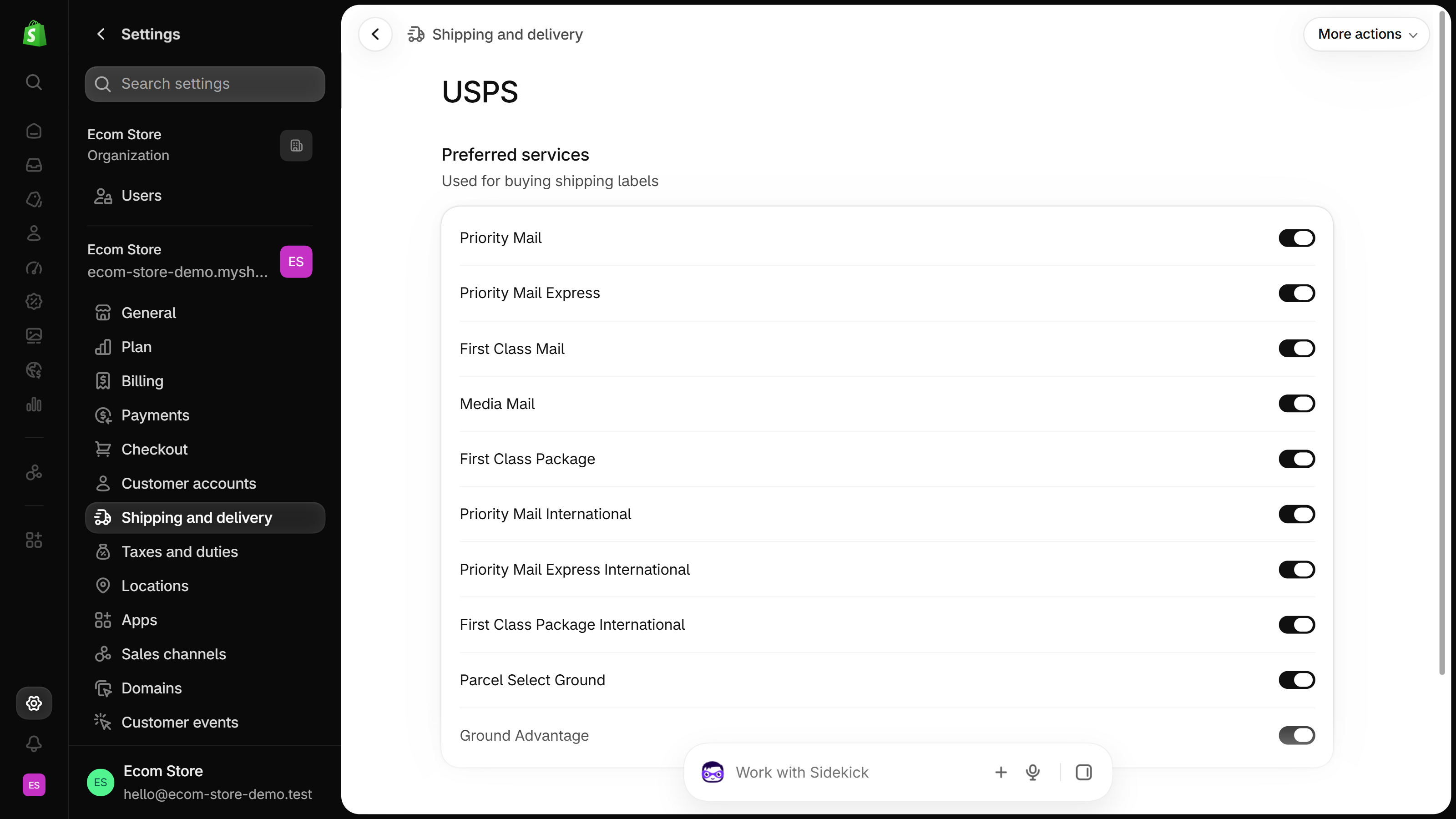 USPS preferred services page in Shopify settings, with ten USPS services listed and a switched-on toggle beside each.
