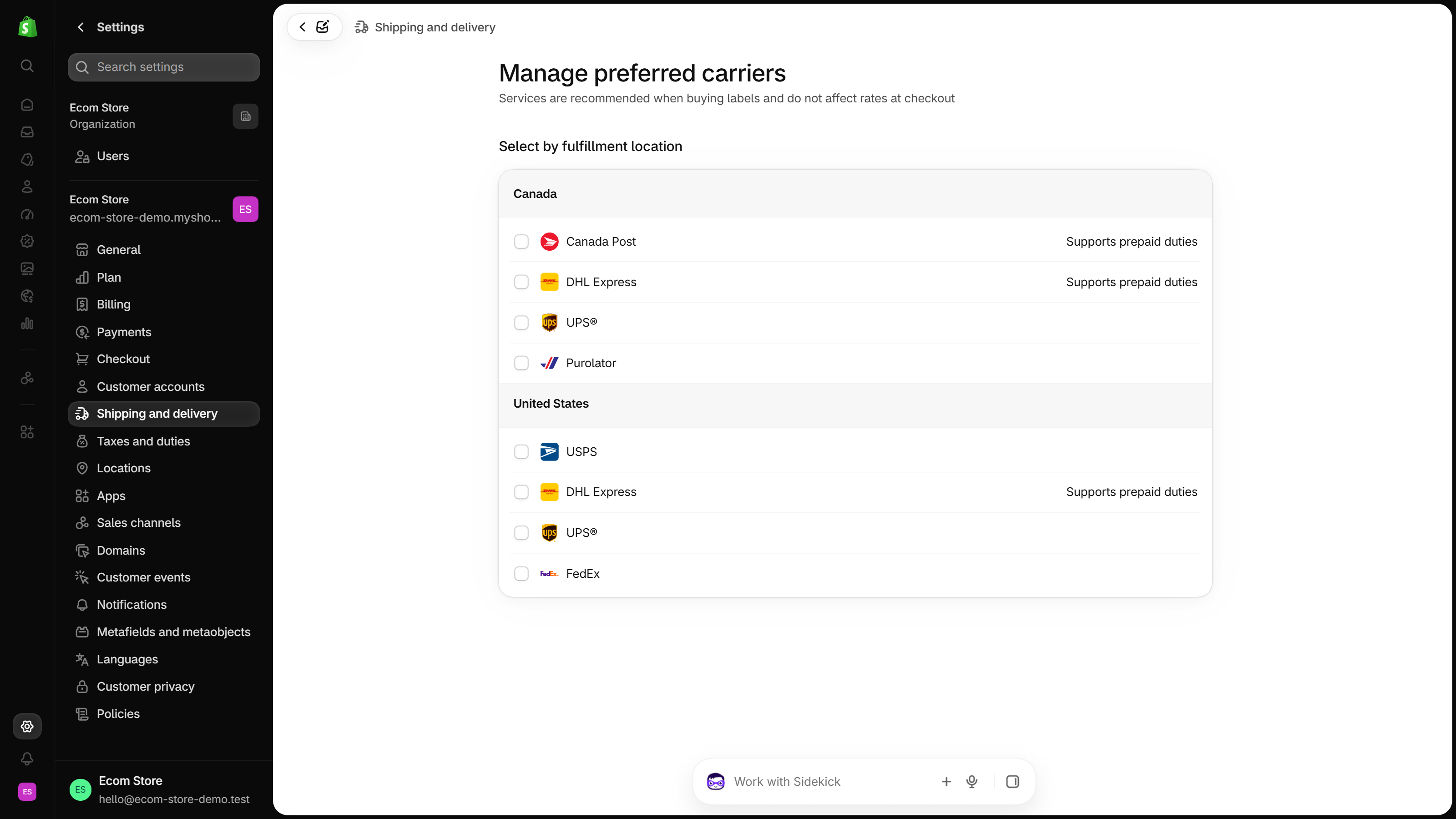 Manage preferred carriers page in Shopify settings, with carriers grouped by fulfillment location country and an unticked checkbox beside each carrier.