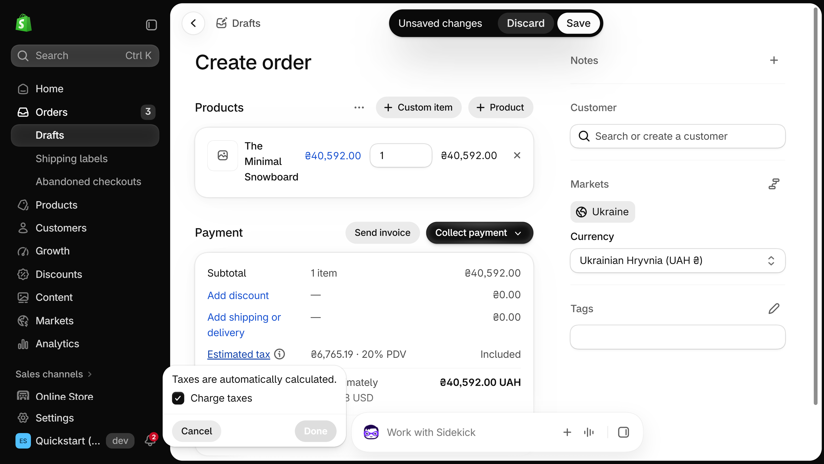 Shopify Create order page for a draft with one product: the Estimated tax pop-up shows a checked Charge taxes box with Cancel and Done