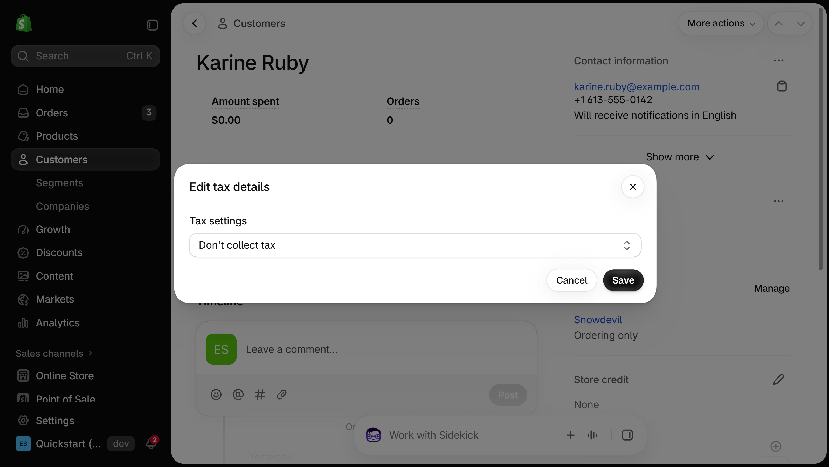 Shopify customer page with the Edit tax details dialog open: Tax settings set to Don't collect tax, with Cancel and Save buttons