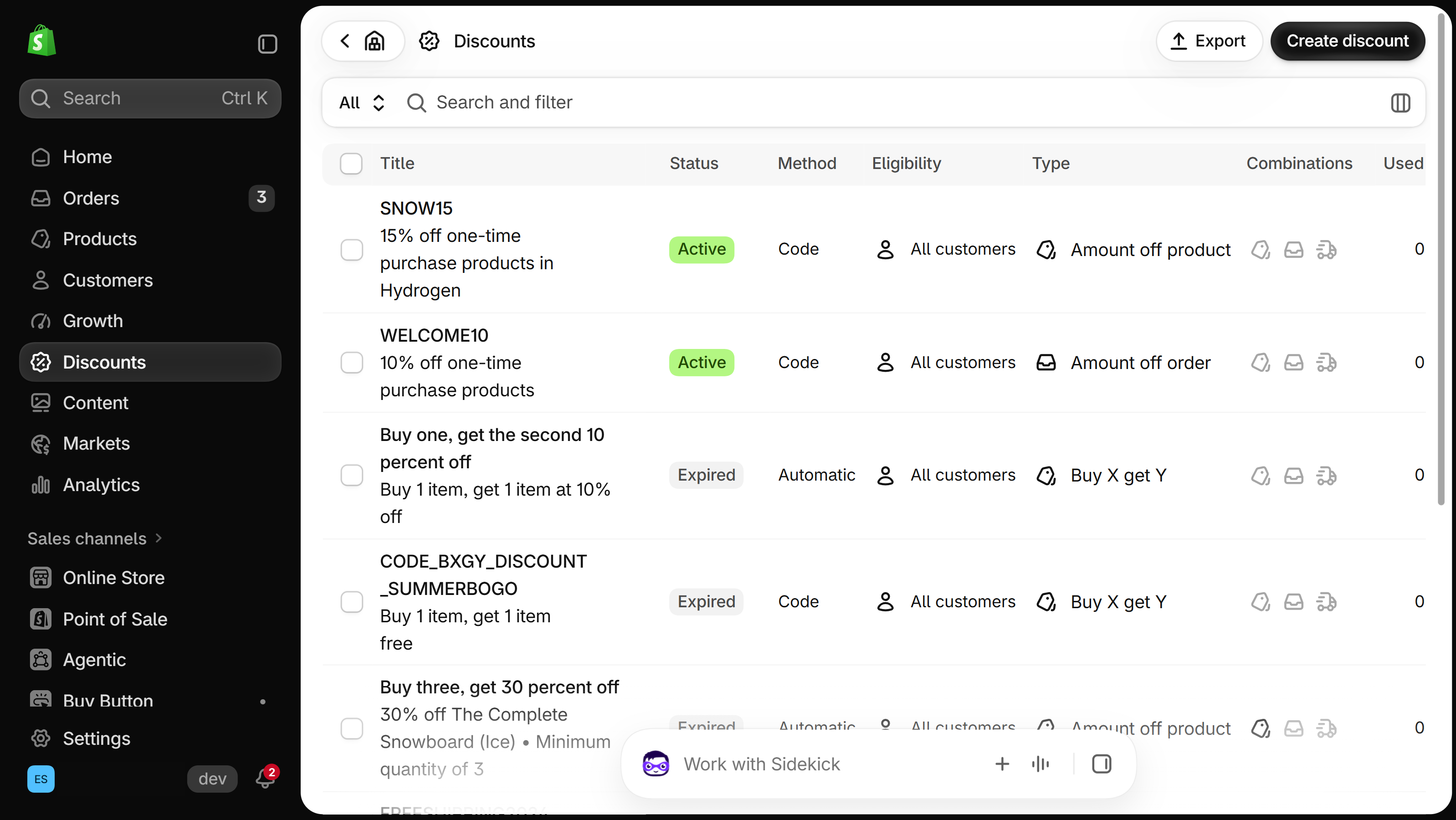 Shopify admin Discounts list with codes marked Code in the Method column and a Create discount button