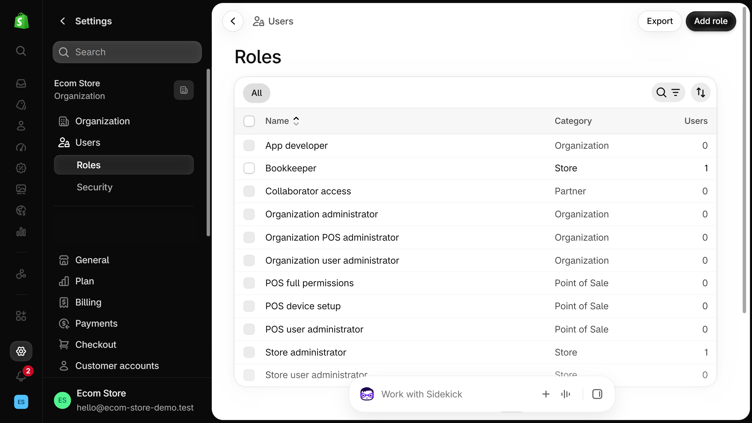 Shopify admin Settings, Users, Roles page listing POS full permissions, POS device setup and POS user administrator in the Point of Sale category