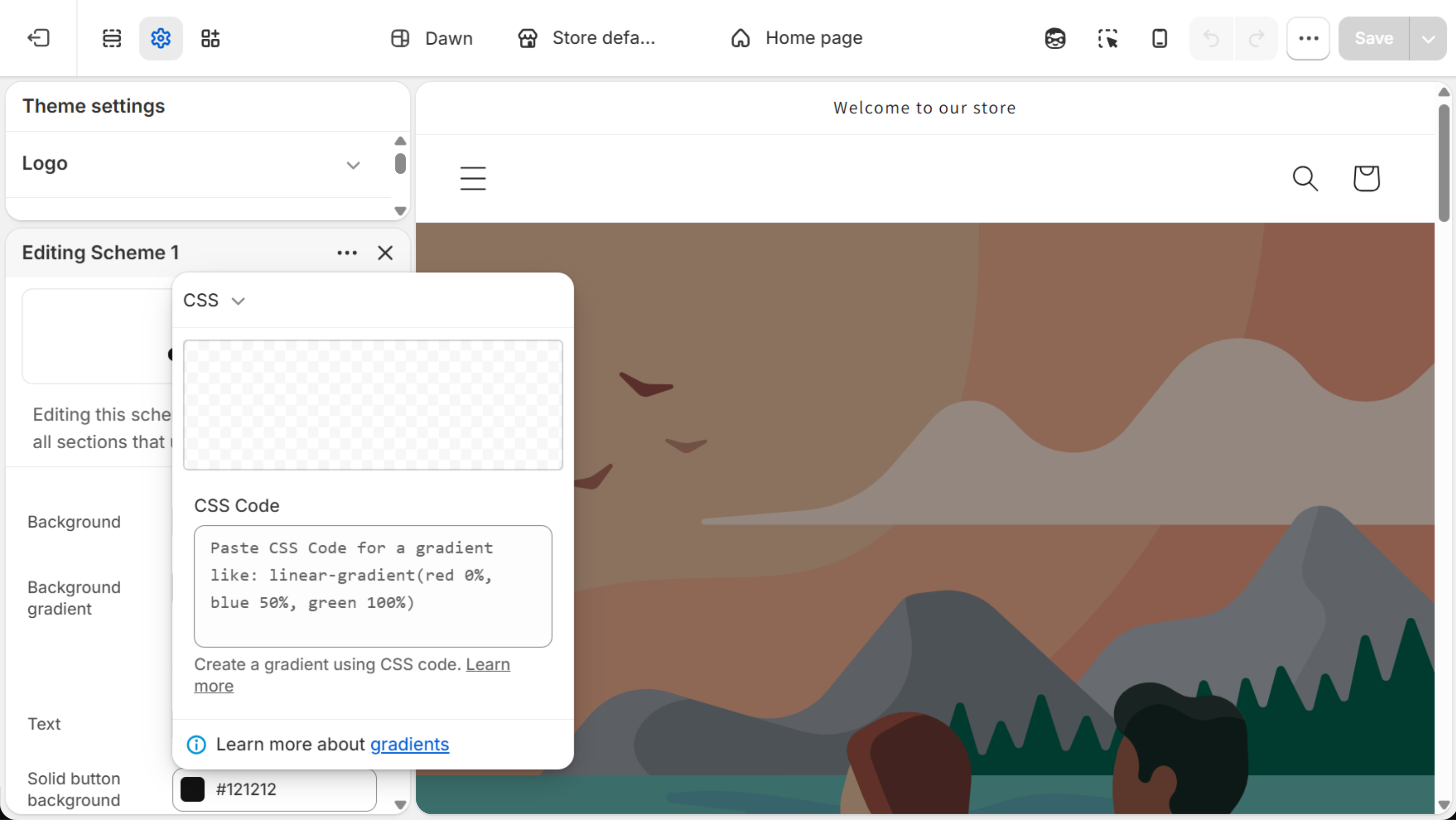 Gradient panel switched to CSS, with a preview area and an empty CSS Code field