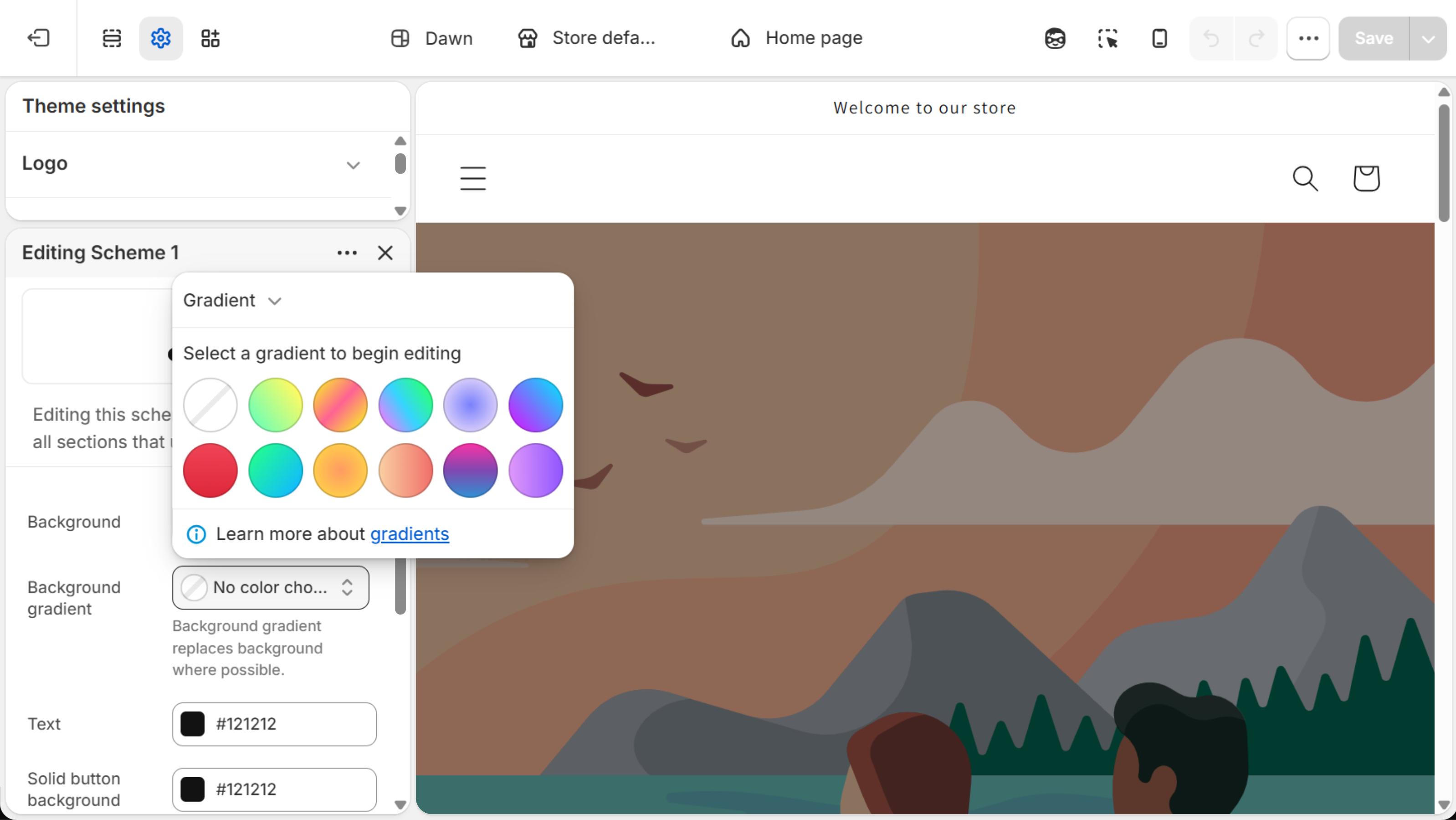 Gradient picker showing “Select a gradient to begin editing” above a grid of preset gradient swatches