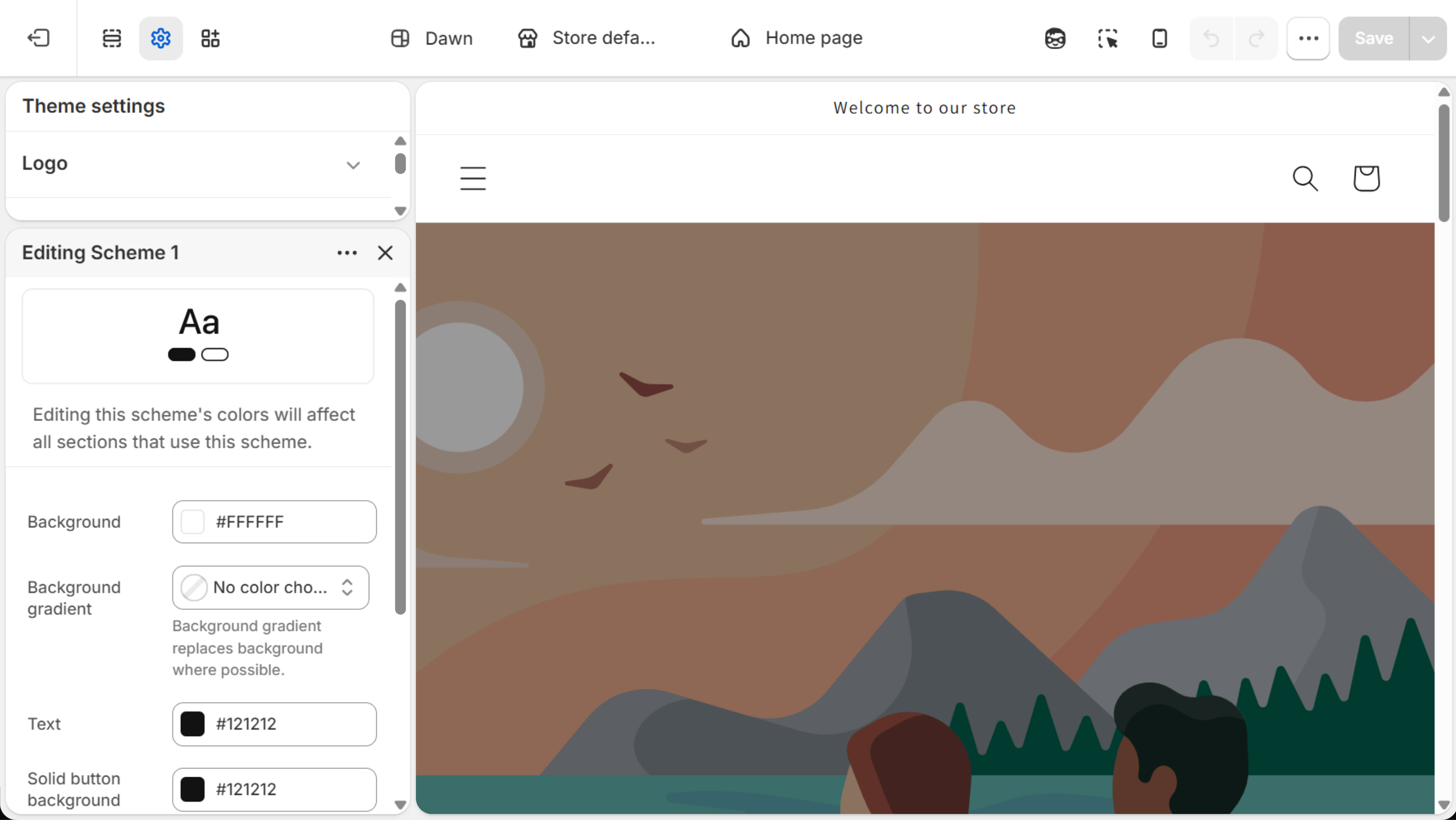 Editing Scheme 1 panel showing Background, a Background gradient swatch set to No color chosen, and Text
