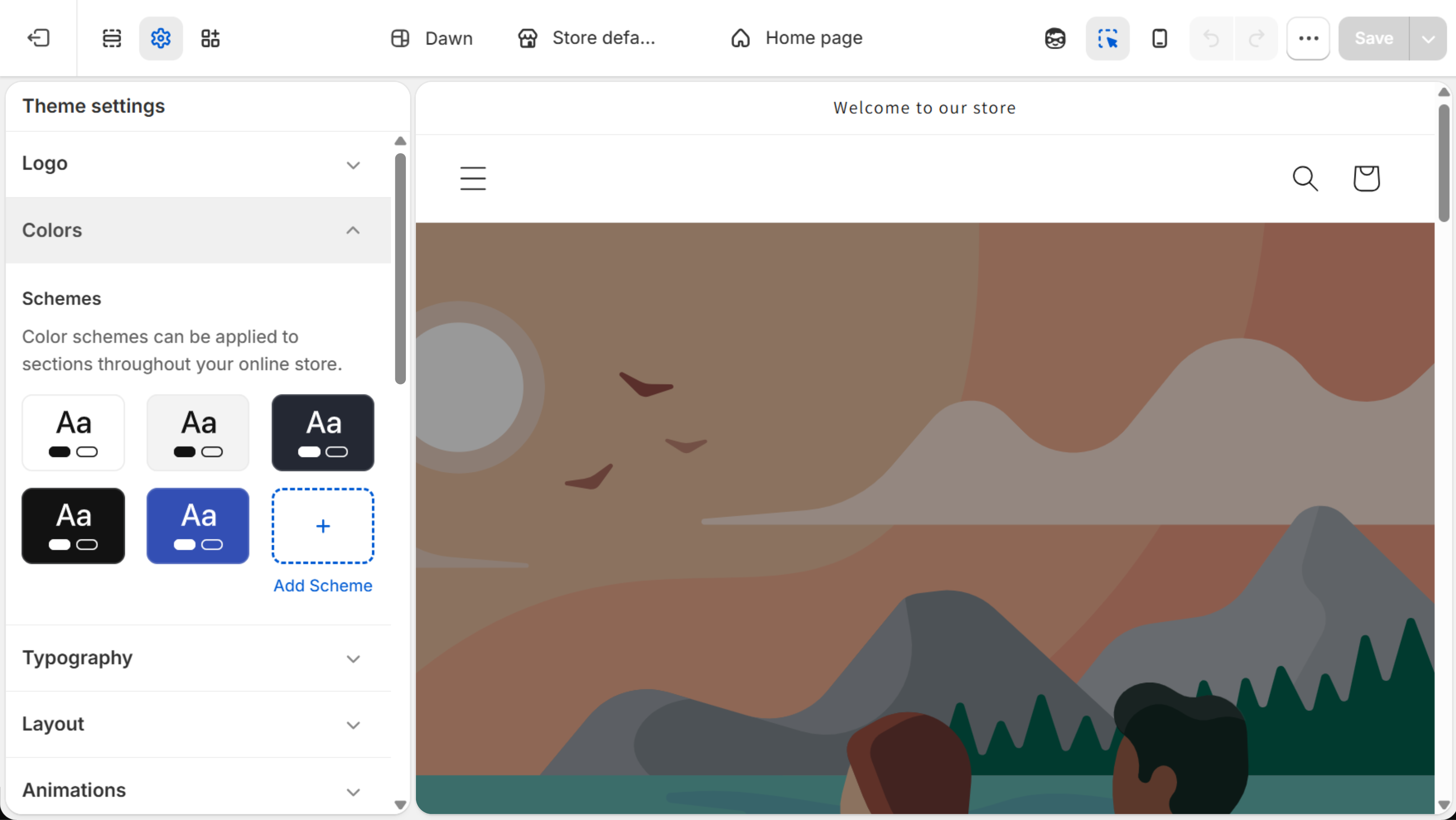 Shopify theme editor with Theme settings open, Colors expanded and the Schemes list of color schemes