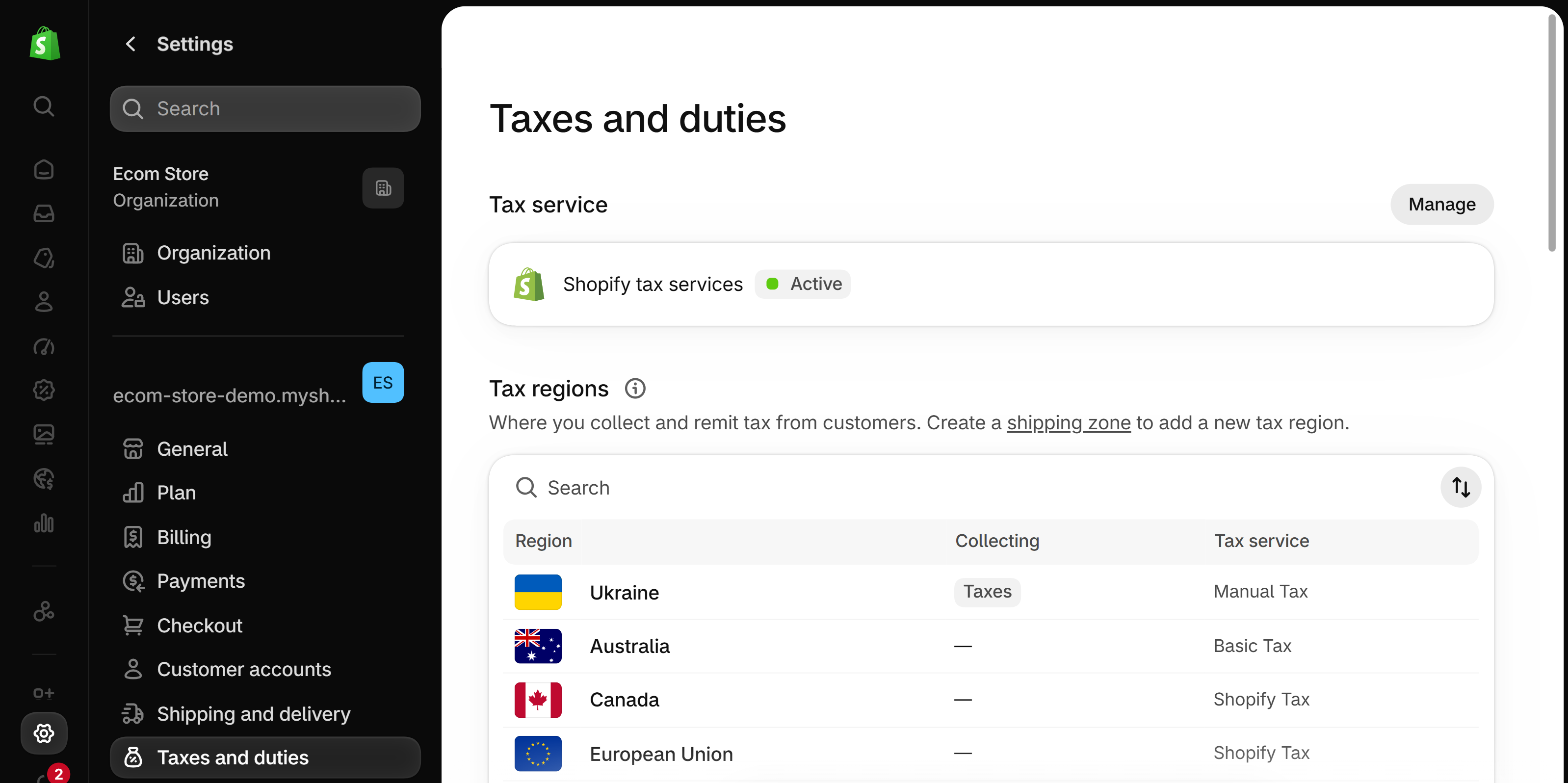 Shopify admin Settings, Taxes and duties page with a Tax regions table listing each region with its Collecting status and Tax service, including Manual Tax, Basic Tax and Shopify Tax