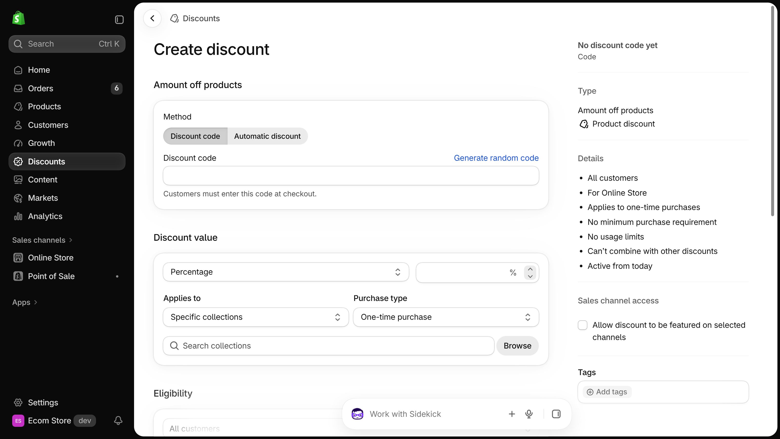 Create discount form for Amount off products with Method set to Discount code and Applies to set to Specific collections, above a Search collections field