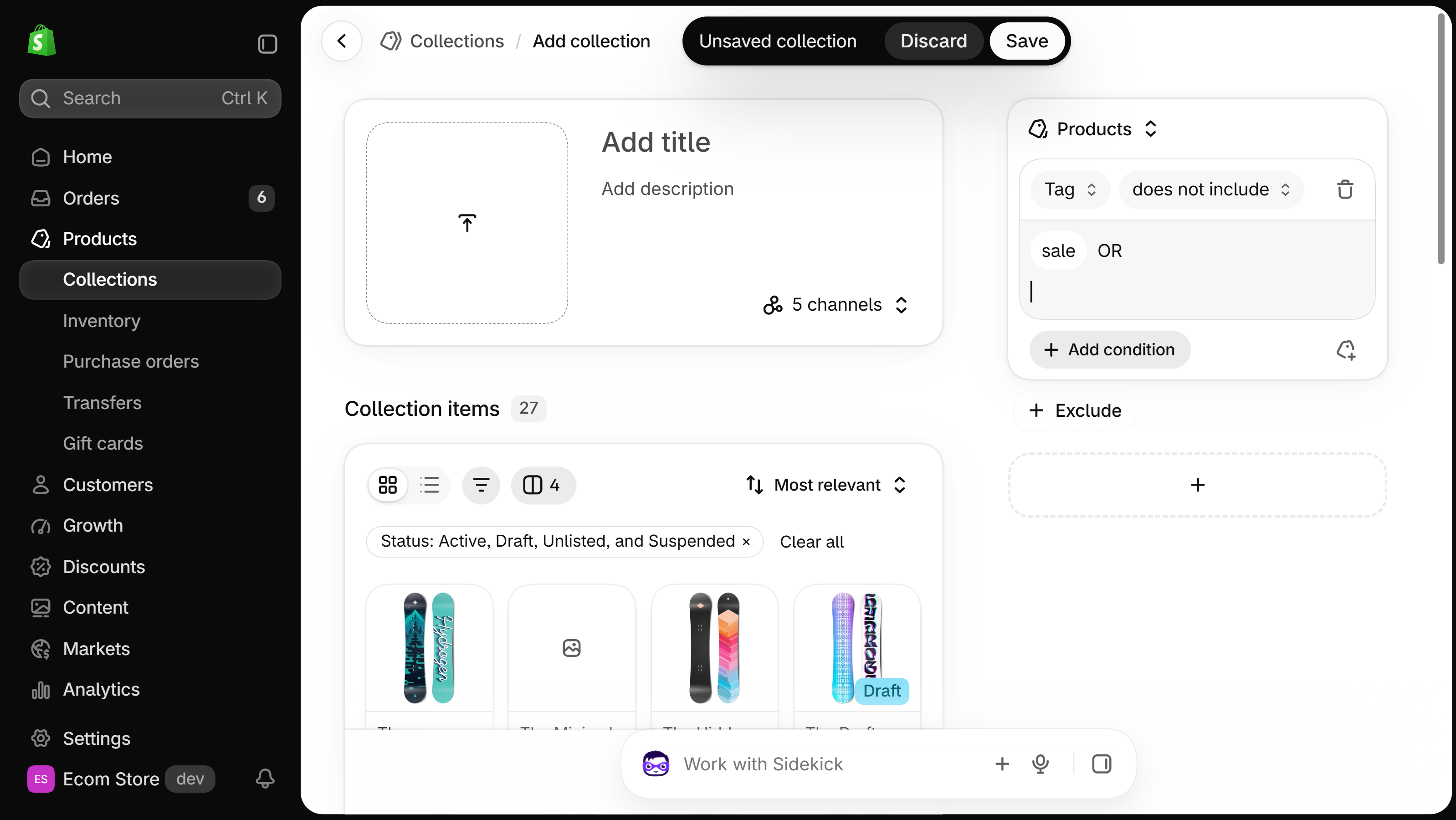 Unsaved new collection with a Tag condition set to does not include and the value sale