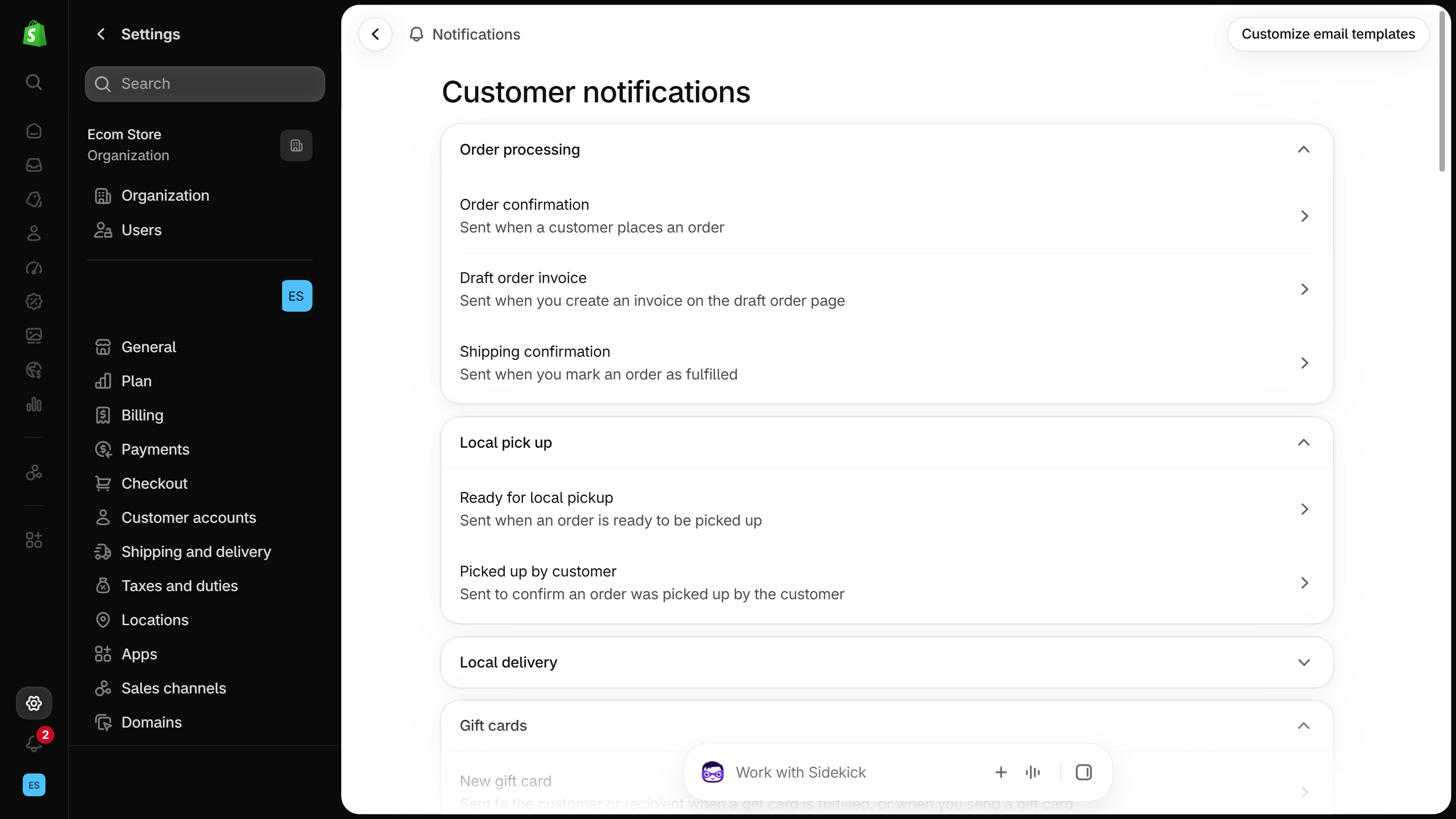 Shopify admin Customer notifications page with Order processing, Local pick up and Local delivery sections; Shipping confirmation is listed under Order processing