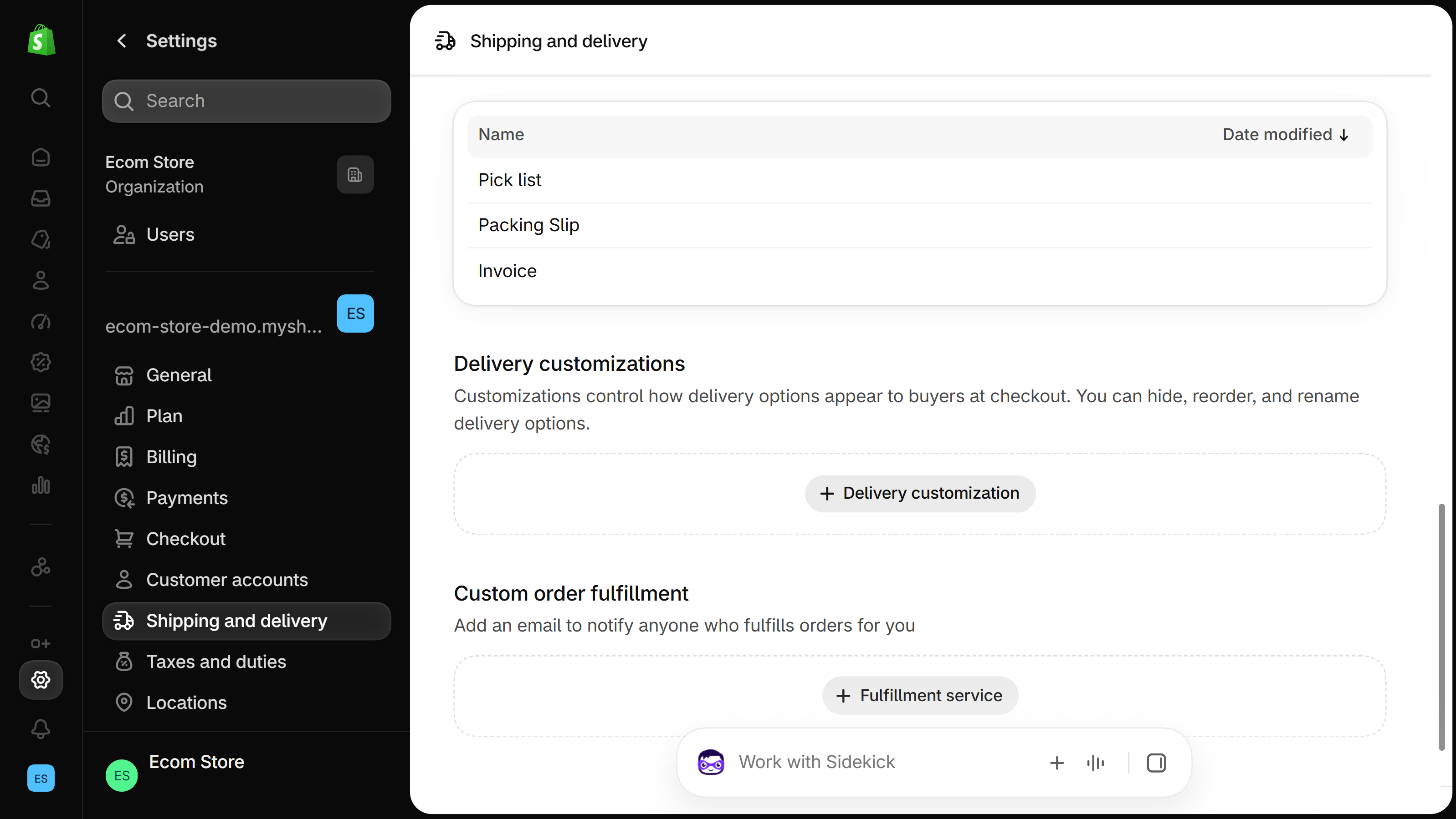 Shopify admin Shipping and delivery settings, highlighted in the left menu, with a table listing Pick list, Packing Slip and Invoice above Delivery customizations and Custom order fulfillment