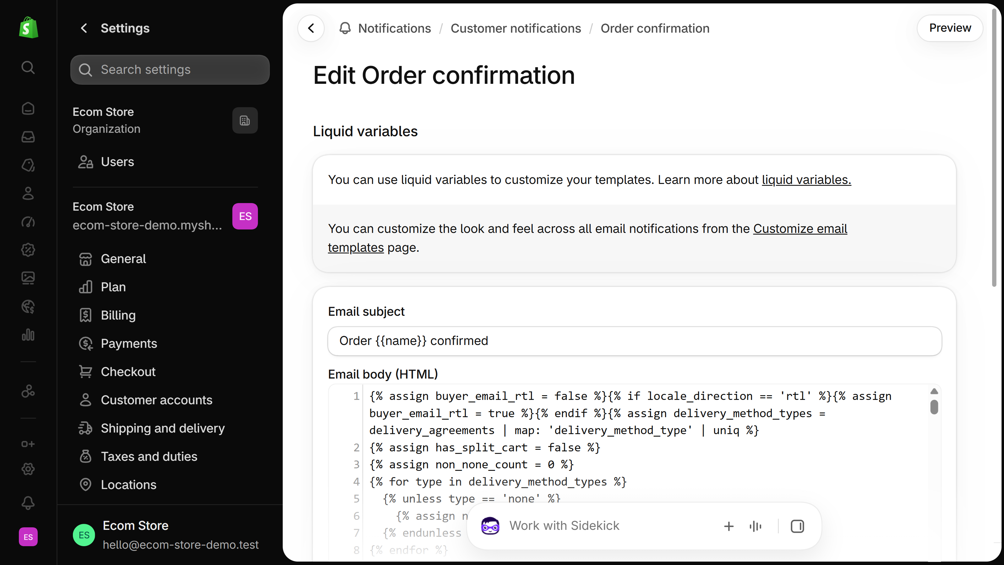 Shopify admin Edit Order confirmation page under Notifications, Customer notifications: the Email subject field and the top of the Email body (HTML) code editor