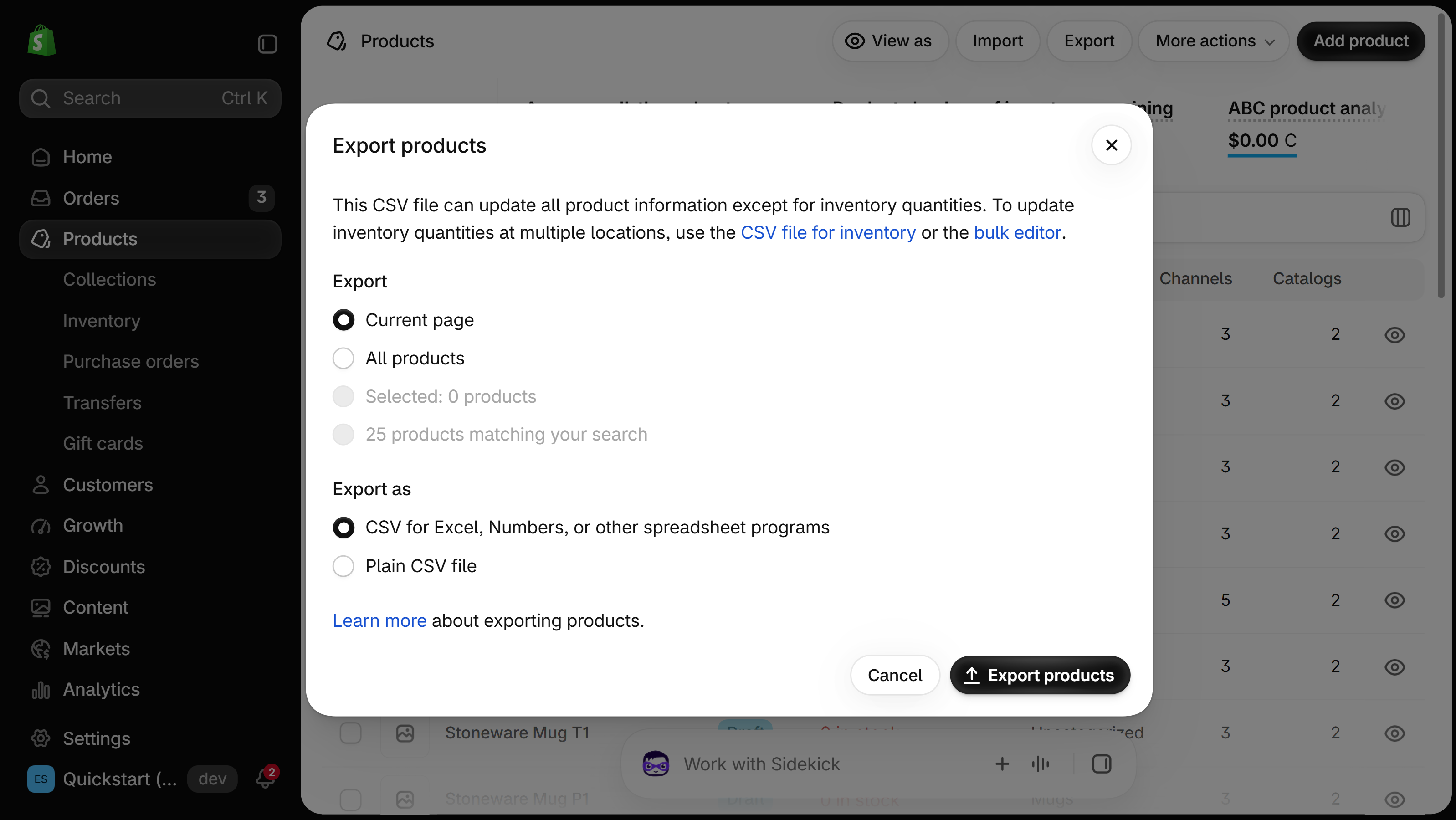 Shopify admin Export products dialog with options for which products to export and the CSV format