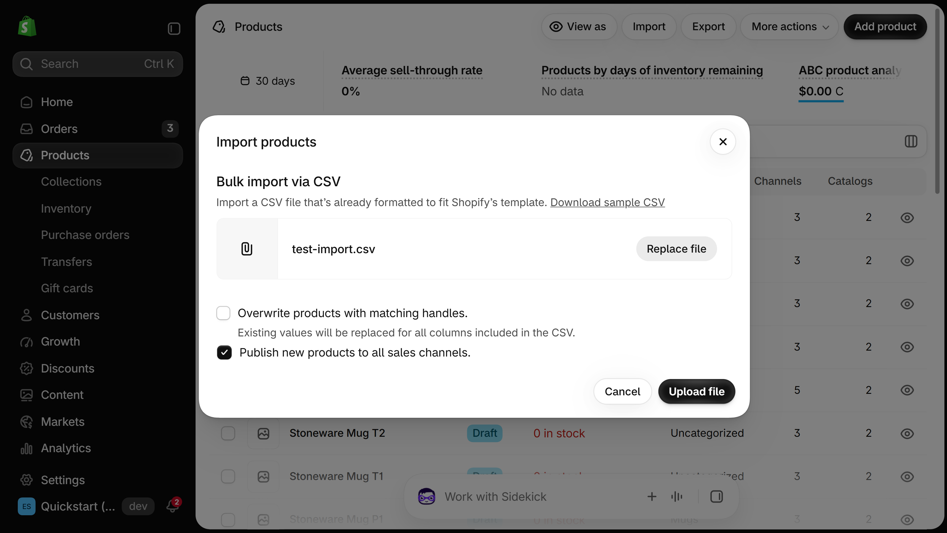 Shopify admin Import products dialog with a CSV file chosen and the Overwrite products with matching handles checkbox