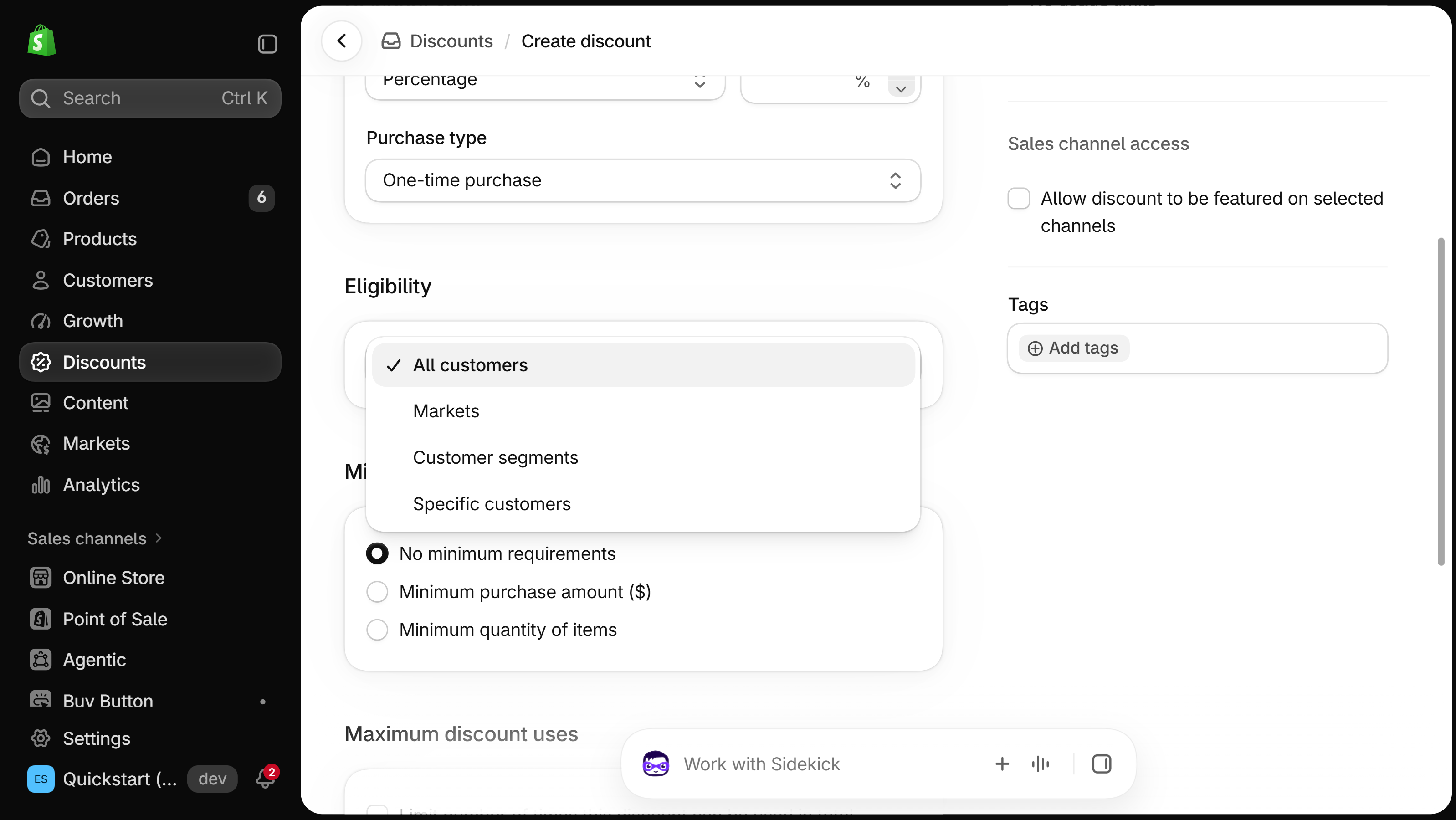 Create discount form at the Eligibility card with its list open: All customers (checked), Markets, Customer segments and Specific customers, above the minimum requirement options and the Maximum discount uses heading