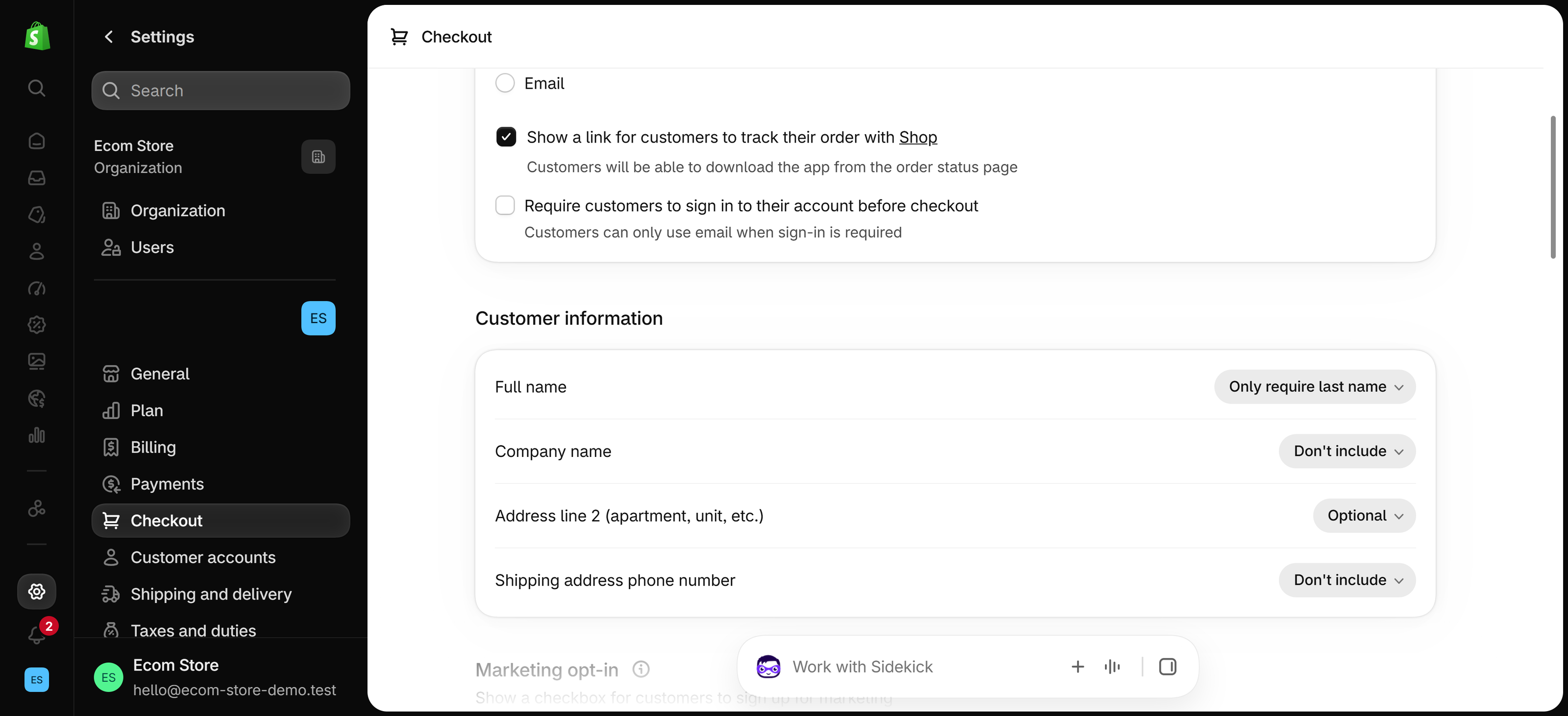 Shopify admin Settings, Checkout page with the unchecked option Require customers to sign in to their account before checkout
