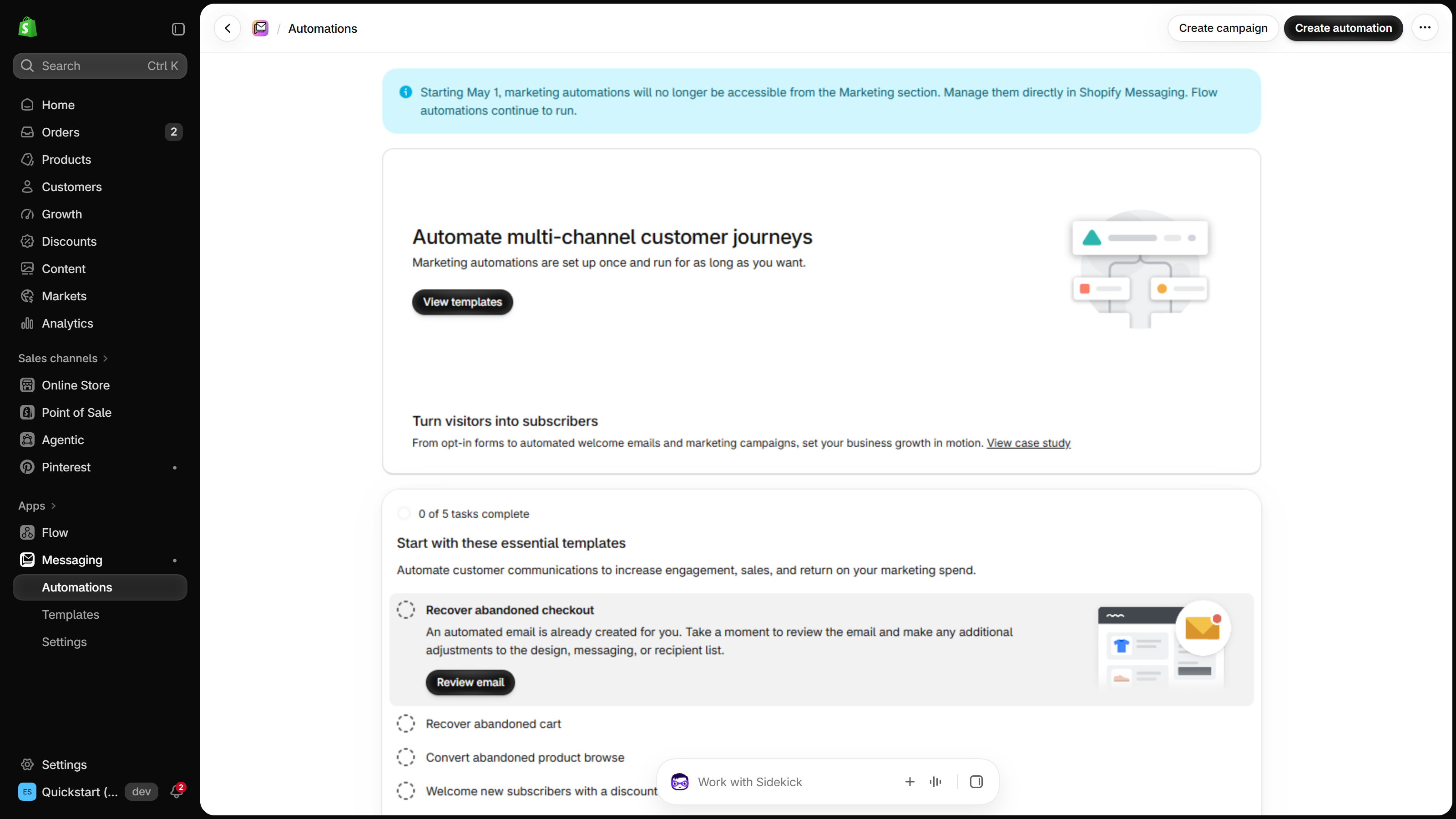 Shopify admin with Messaging selected under Apps in the left menu and its Automations page open, with a Create automation button at the top right and a View templates button