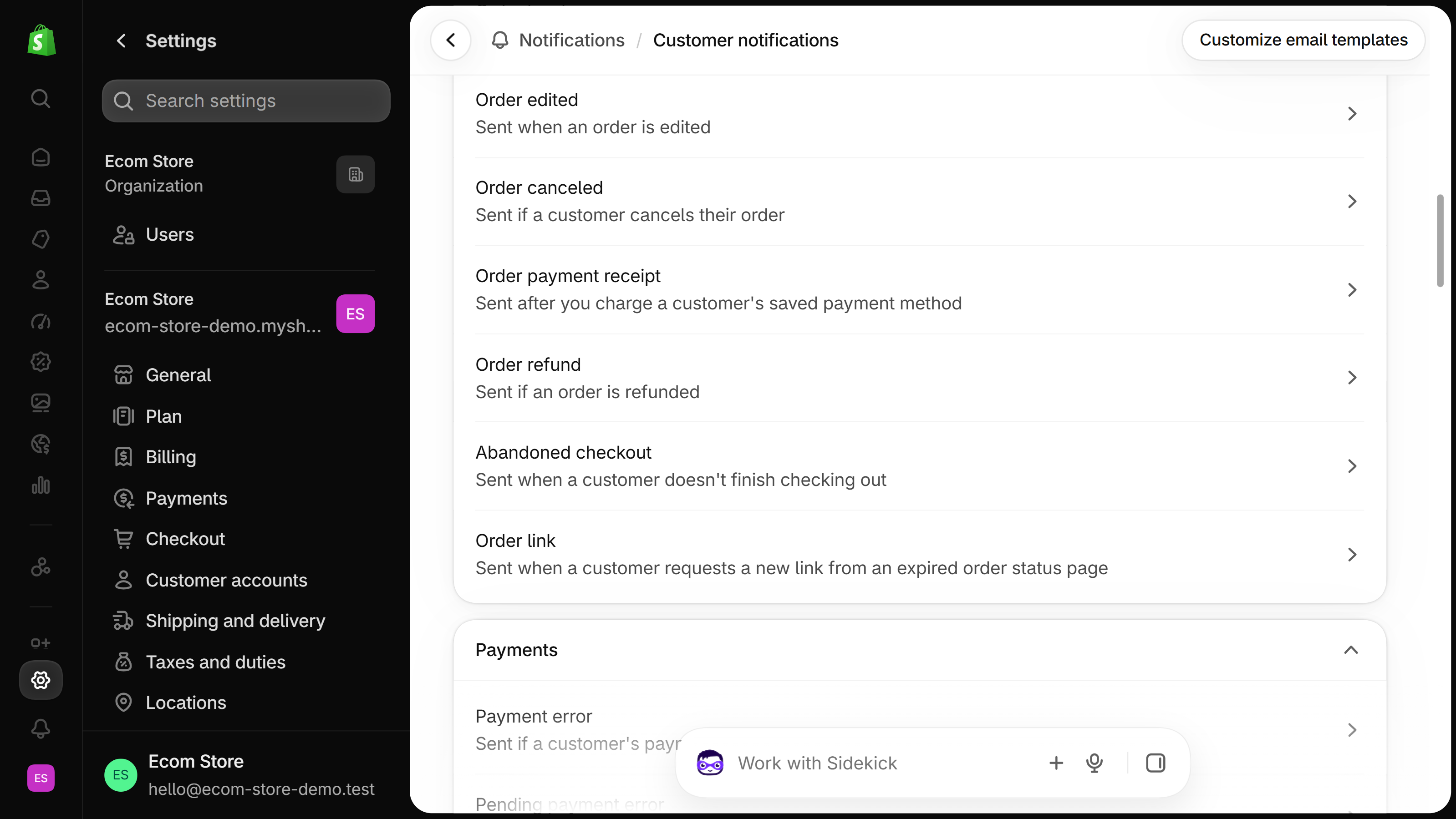Shopify admin Customer notifications page listing order notifications, with the Order refund row