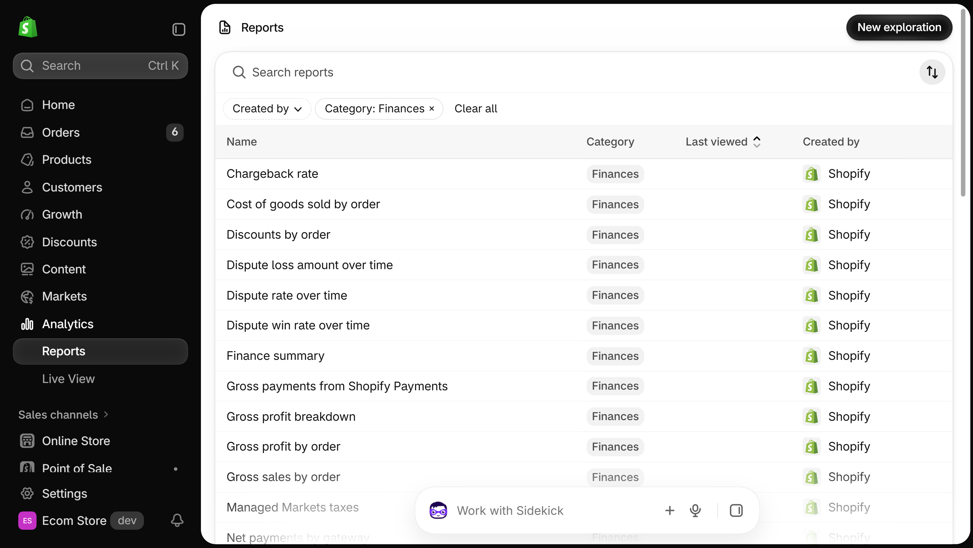 Reports list filtered to Category: Finances, showing finance reports from Chargeback rate to Gross sales by order, with Managed Markets taxes and Net payments by gateway cut off at the bottom