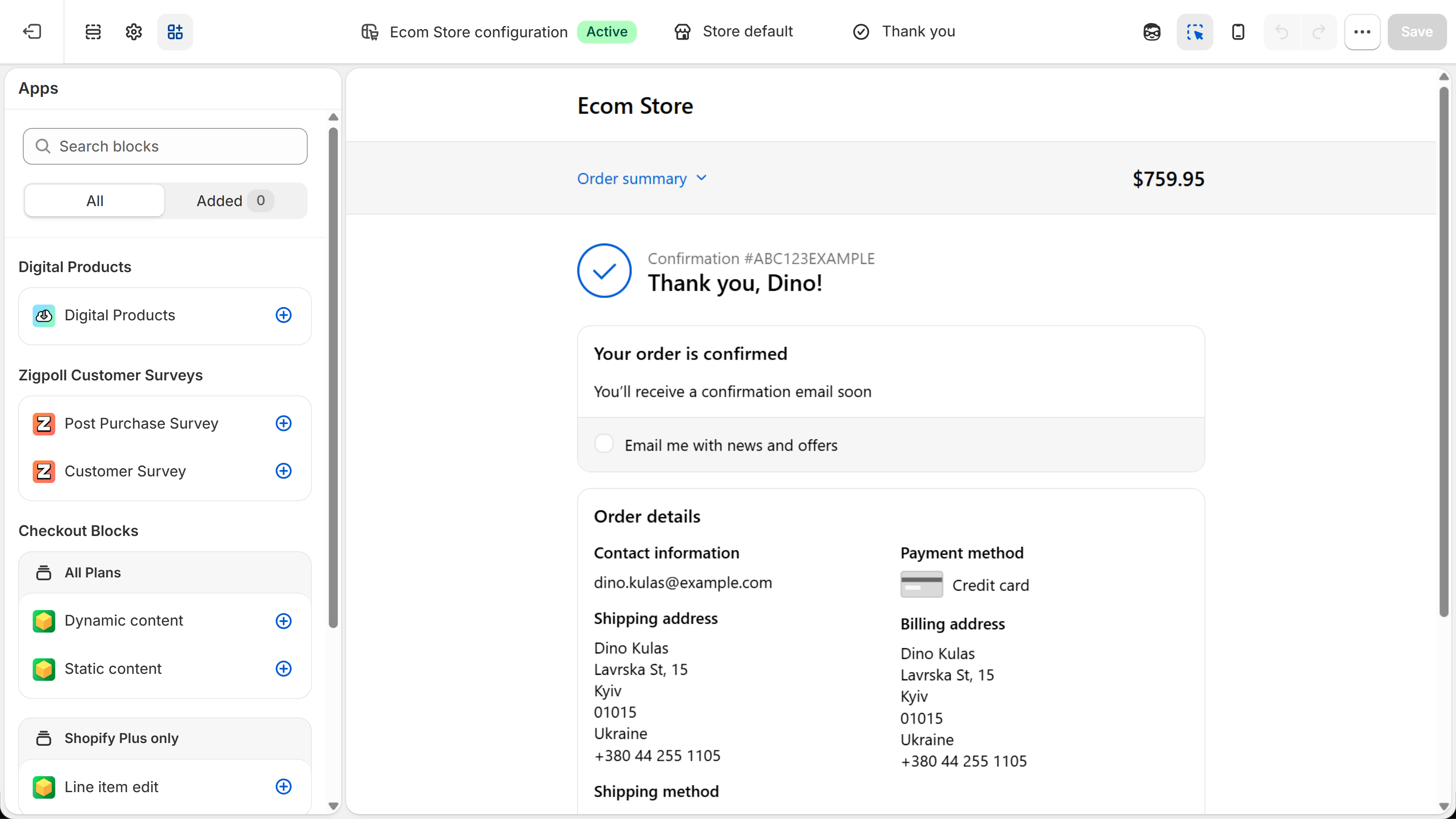 Checkout editor with the Thank you page selected and the Apps panel listing Zigpoll's Post Purchase Survey and Customer Survey blocks above Checkout Blocks
