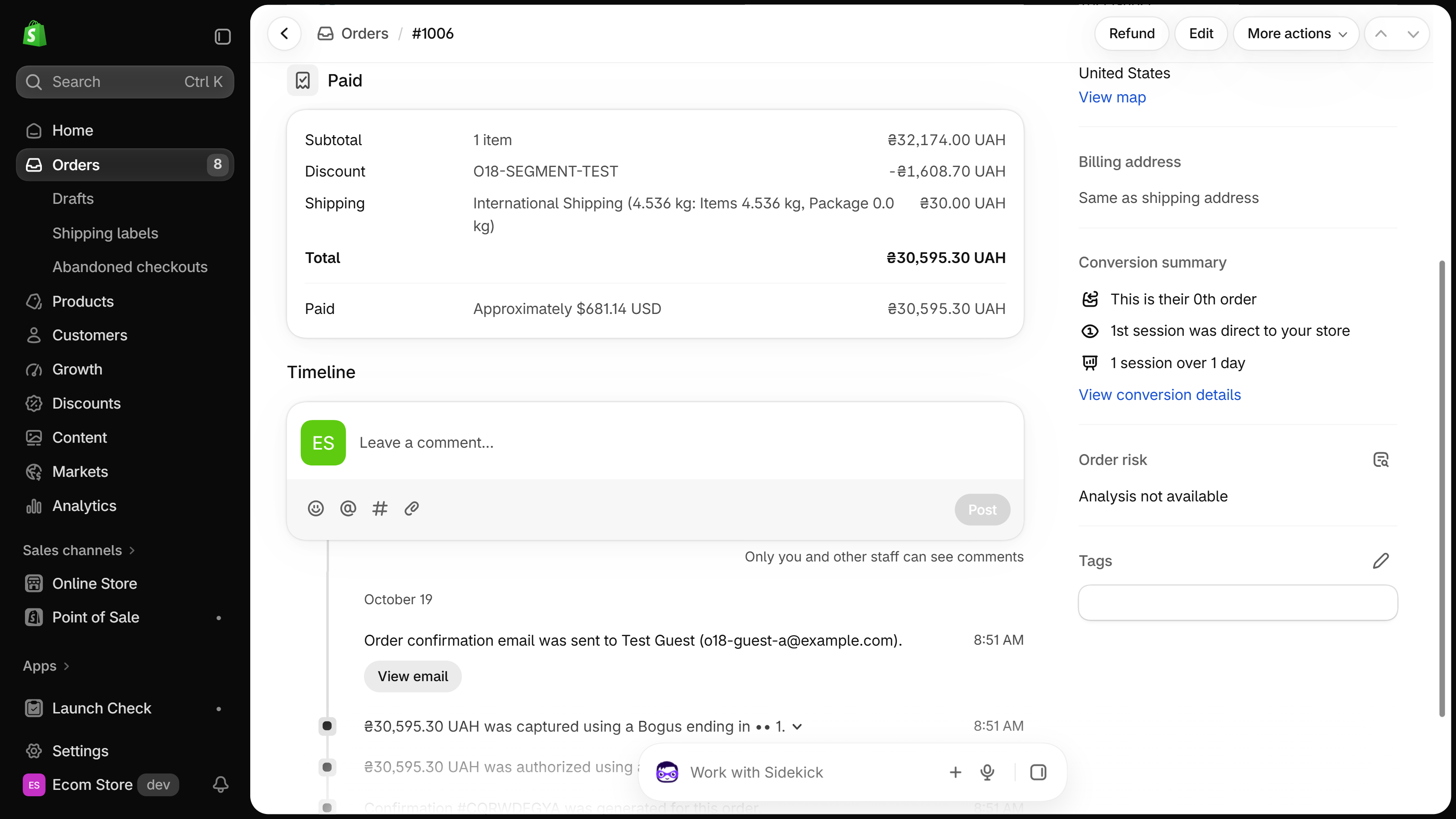 Order page with the Conversion summary card in the right column: 1st session was direct to your store, 1 session over 1 day, View conversion details