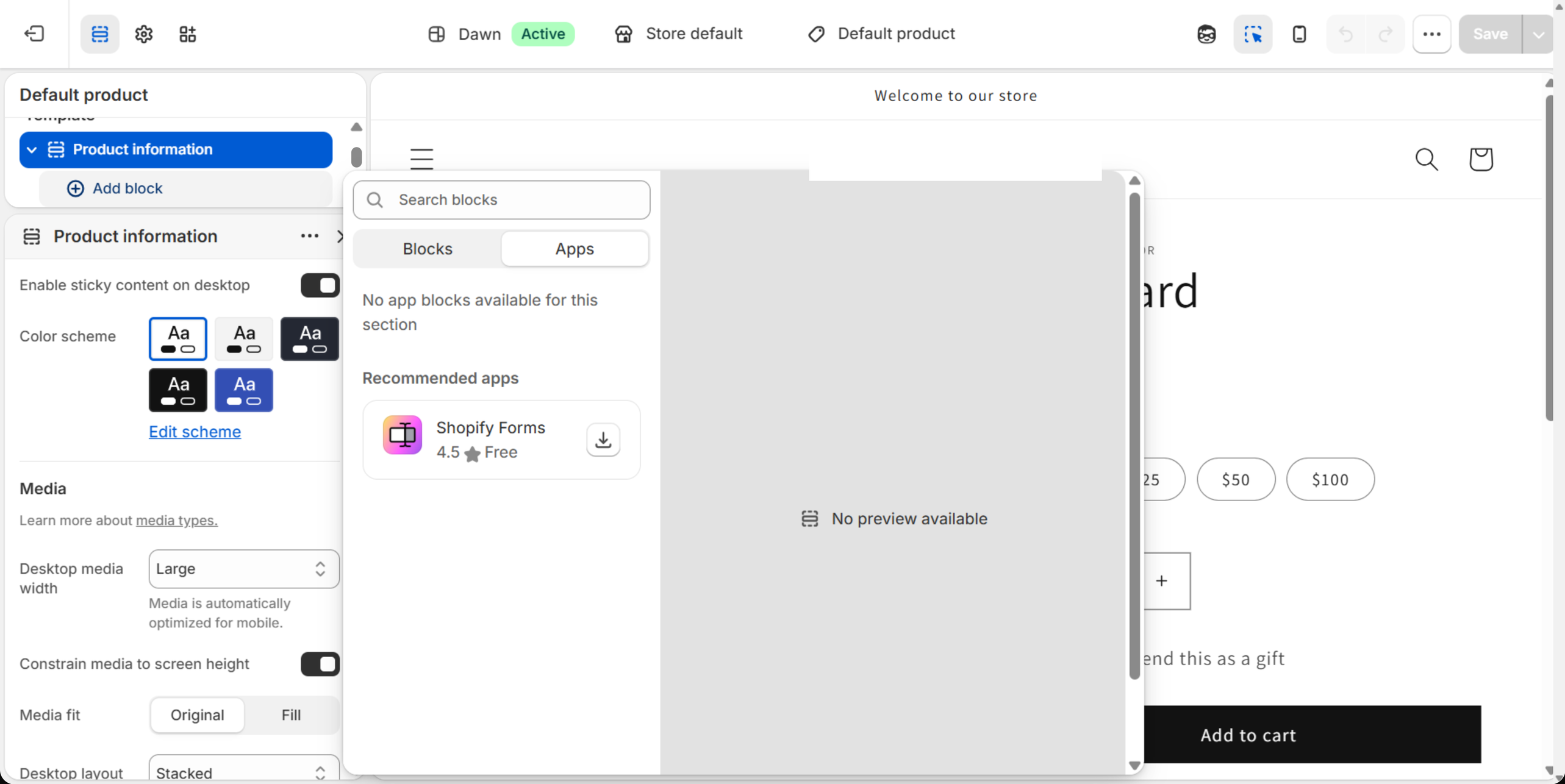 Shopify theme editor for the Dawn theme, default product template: Product information section, Add block picker on the Apps tab showing No app blocks available for this section and a recommended app