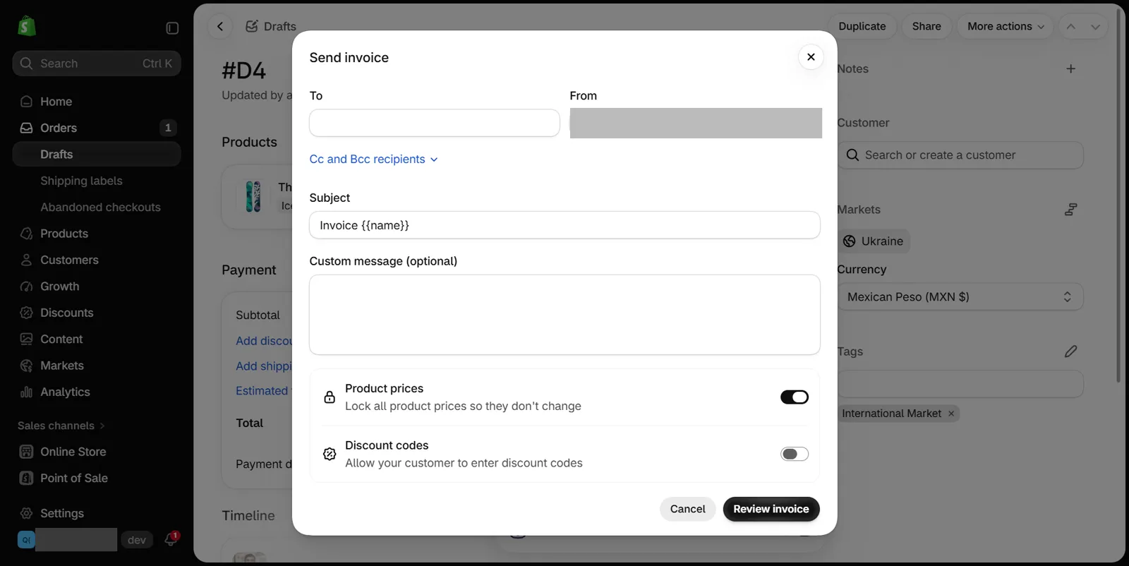 Send invoice dialog with the Product prices lock switched on and a Review invoice button.