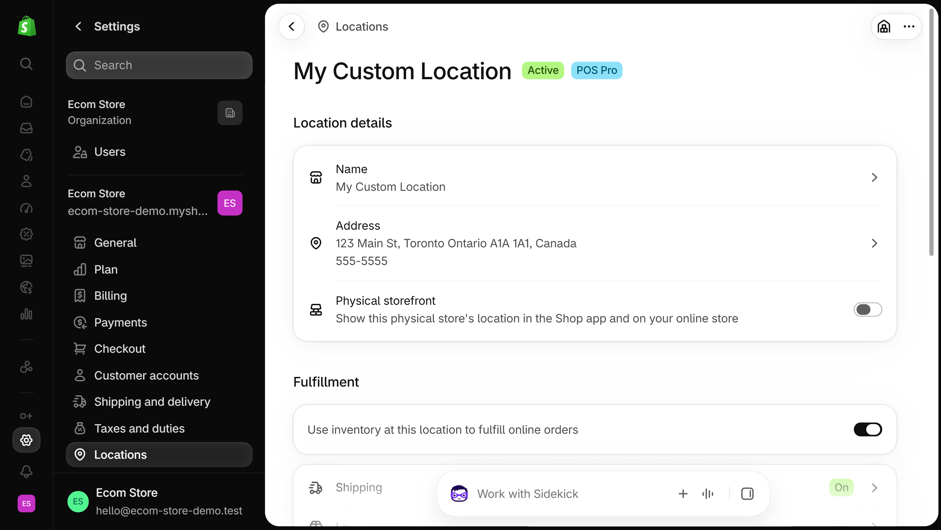 Location details card with Name, Address and a Physical storefront switch labelled for the Shop app and your online store