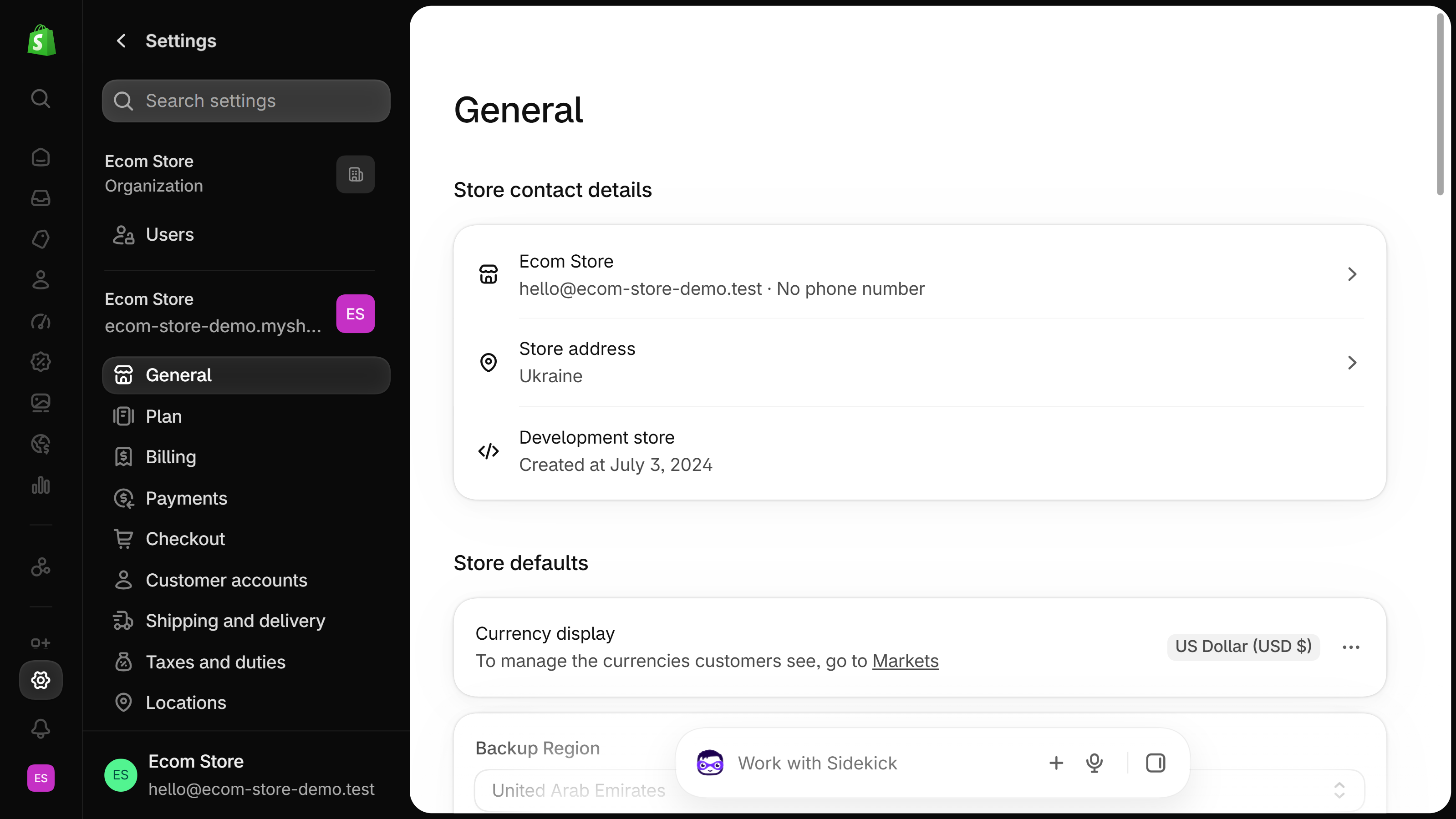 Shopify admin Settings, General page: the Store contact details card lists the store name with its contact email, then Store address and Development store rows, above Store defaults.