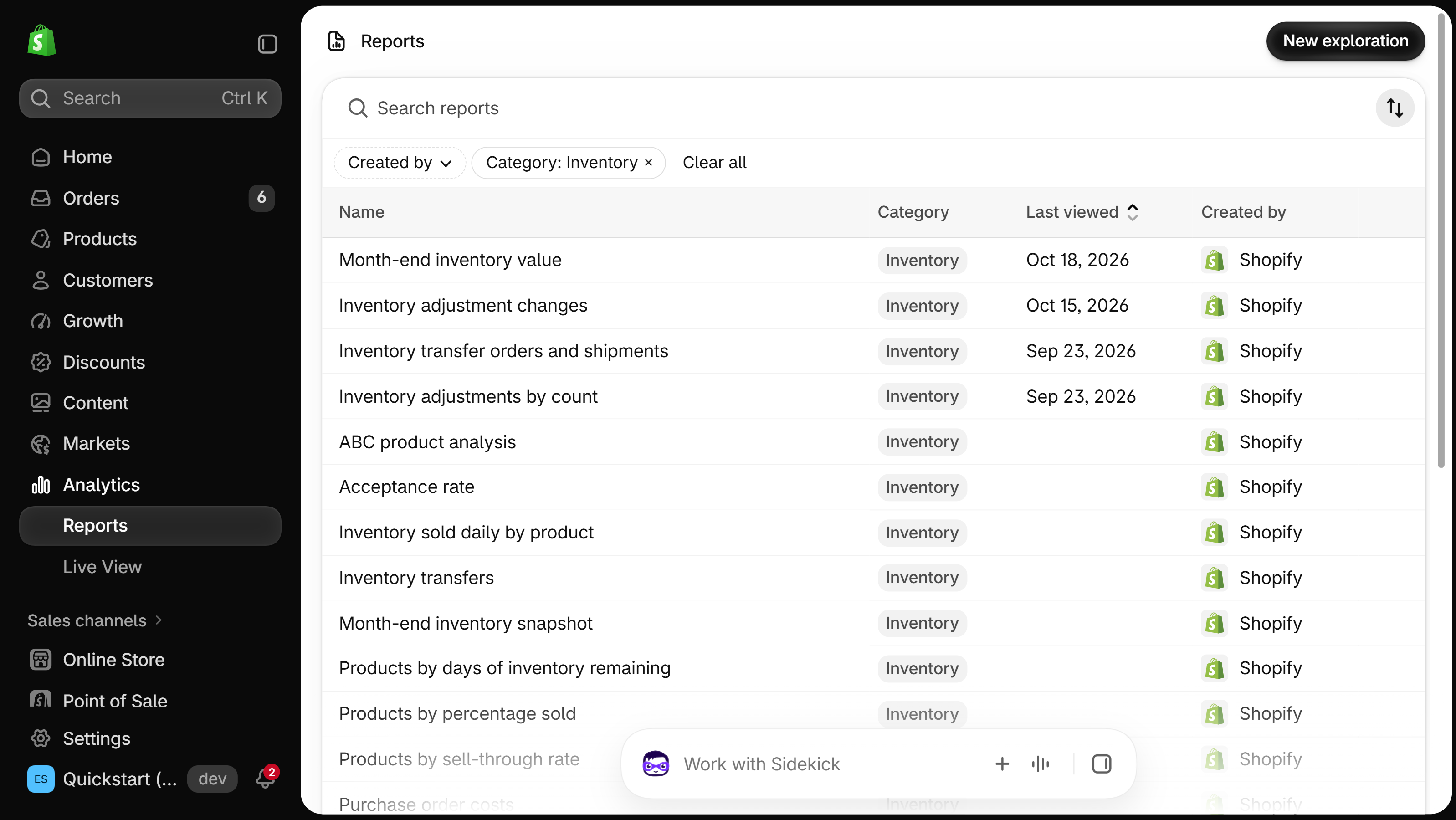 Shopify Analytics Reports list filtered to Category: Inventory, with ABC product analysis listed among Month-end inventory value, Inventory adjustment changes and other Inventory reports, all created by Shopify.