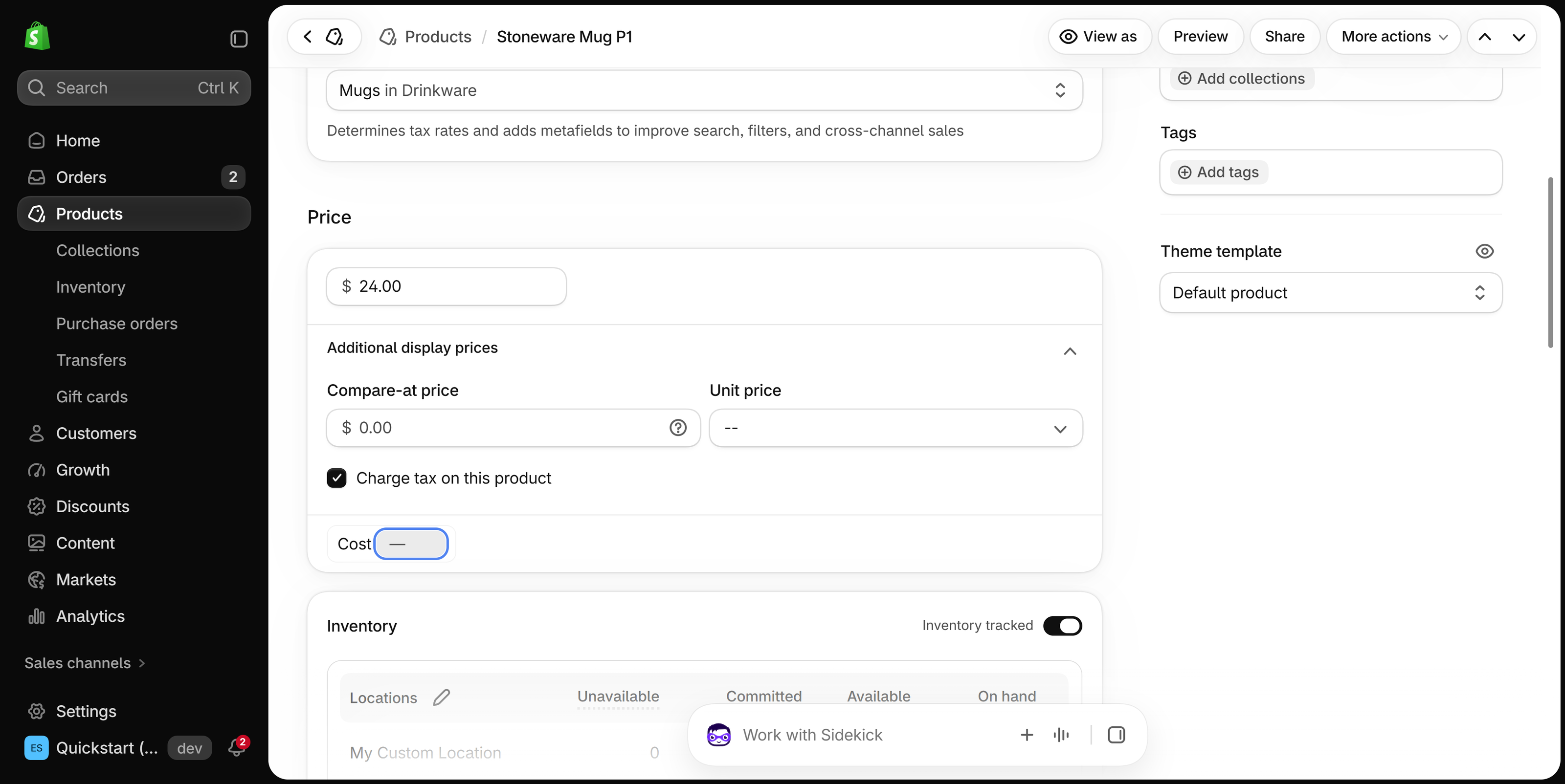 Shopify product page Price card with the price, Compare-at price, Unit price, the Charge tax checkbox and an empty Cost field, above the Inventory card