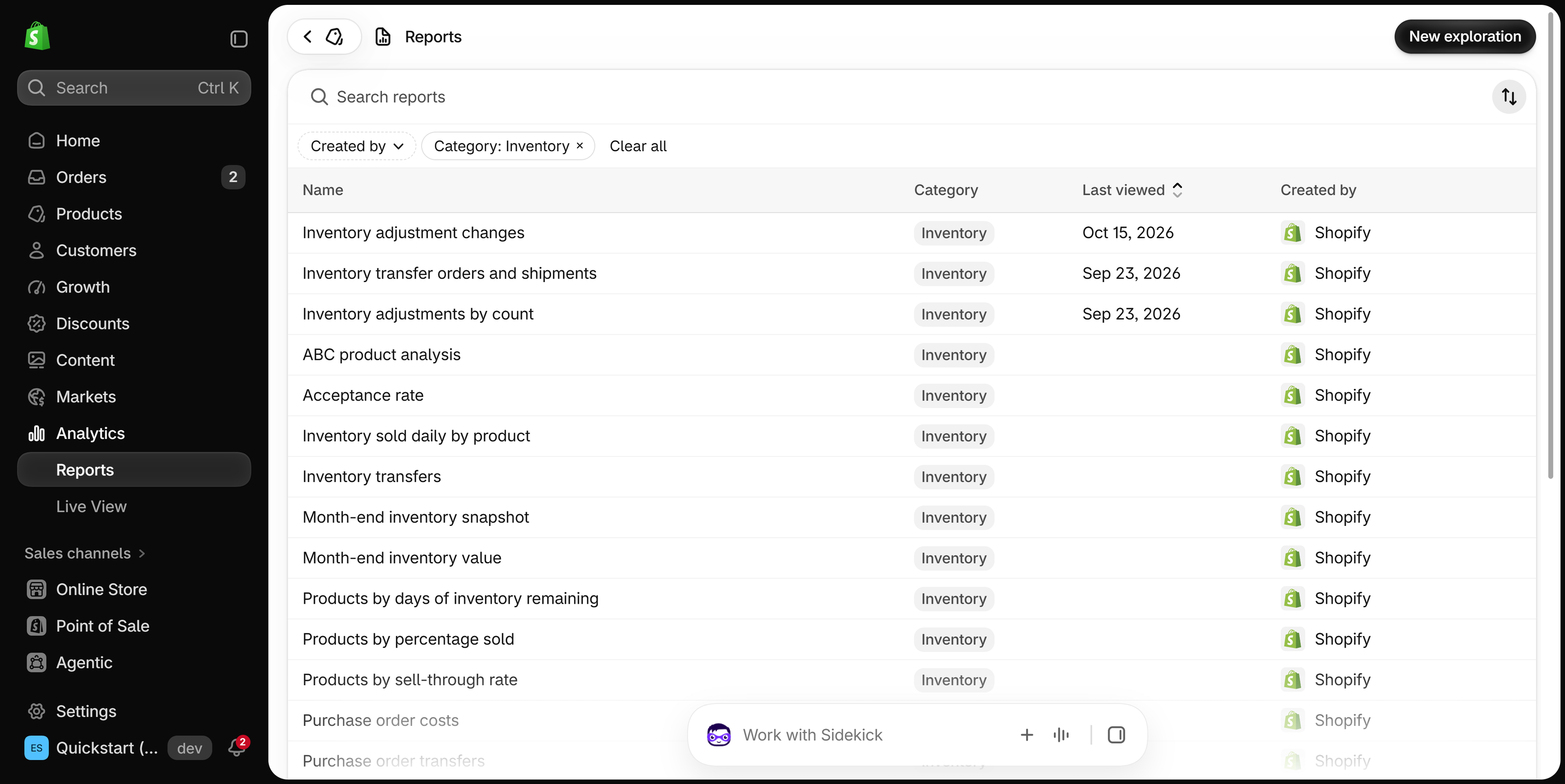 Shopify Analytics Reports list filtered to Category: Inventory, with Month-end inventory snapshot and Month-end inventory value next to each other