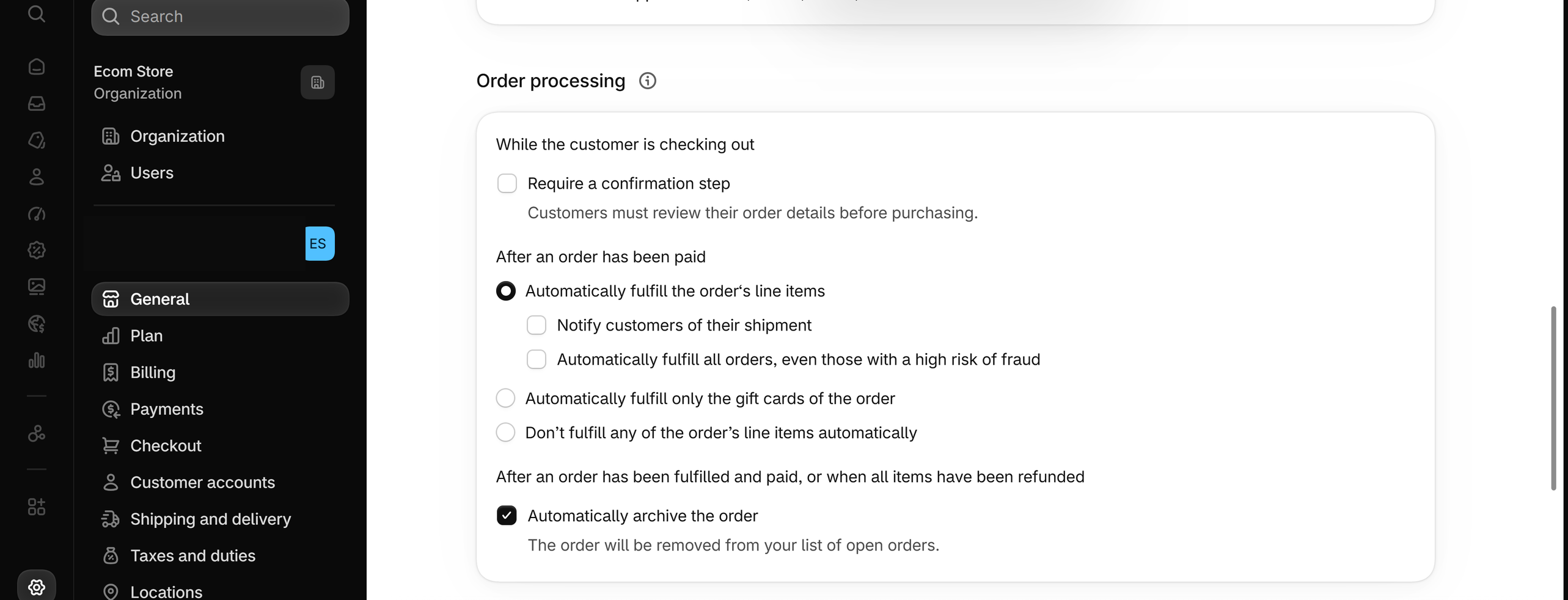 Shopify admin Settings, General page, Order processing section with Automatically fulfill the order's line items selected and the nested checkbox Automatically fulfill all orders, even those with a high risk of fraud, unselected