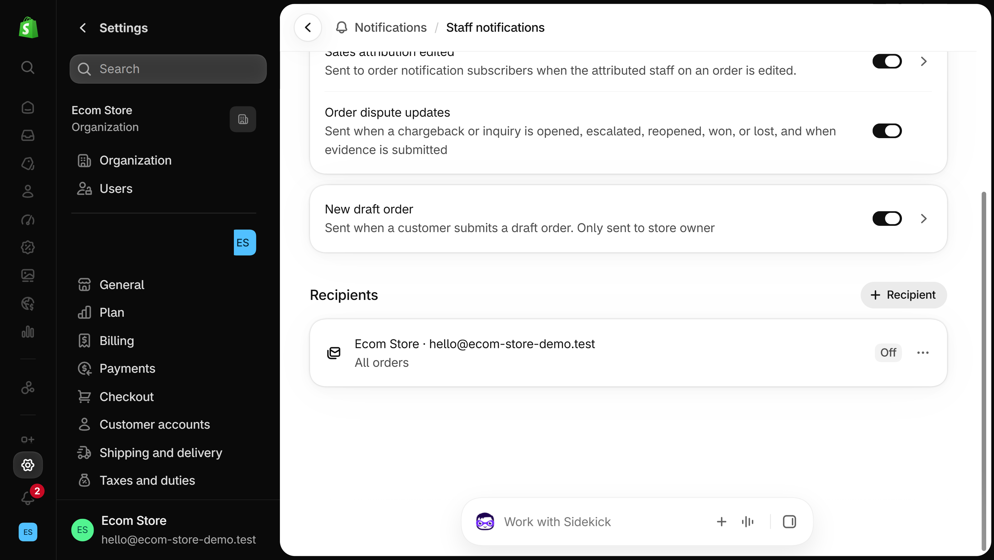 Bottom of the Staff notifications page in the Shopify admin: the last staff events, then the Recipients section with a + Recipient button and one recipient marked All orders