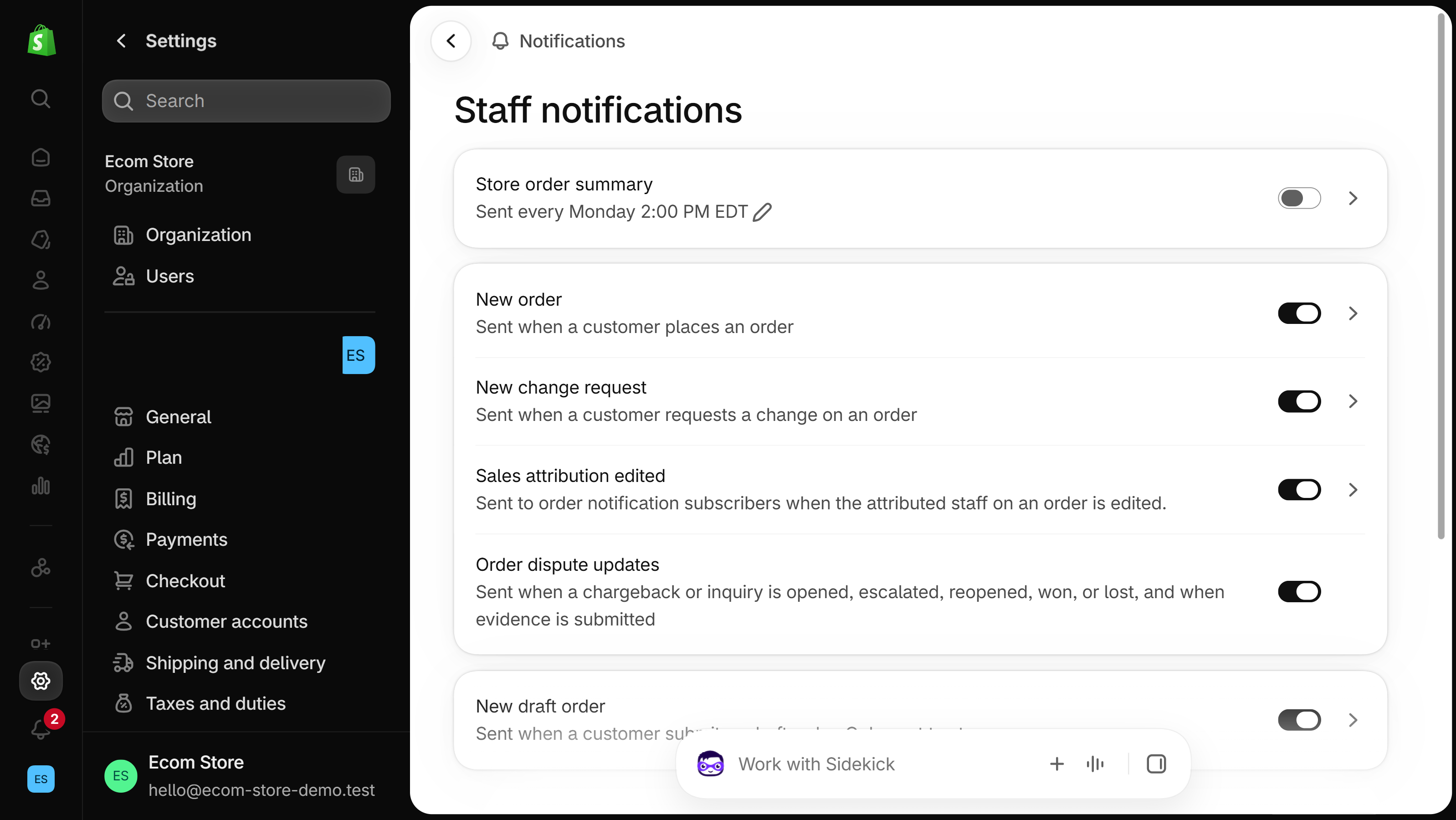 Staff notifications page in the Shopify admin listing Store order summary, New order, New change request, Sales attribution edited, Order dispute updates and New draft order, each with a toggle