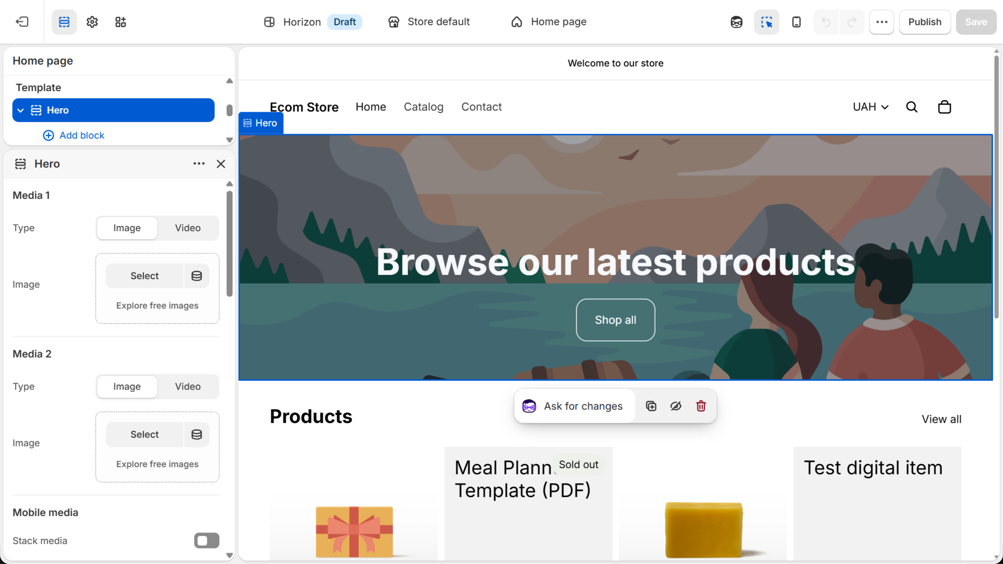 Shopify theme editor for a draft Horizon theme with the Hero section selected, showing the Image field's Select button and an Explore free images link below it