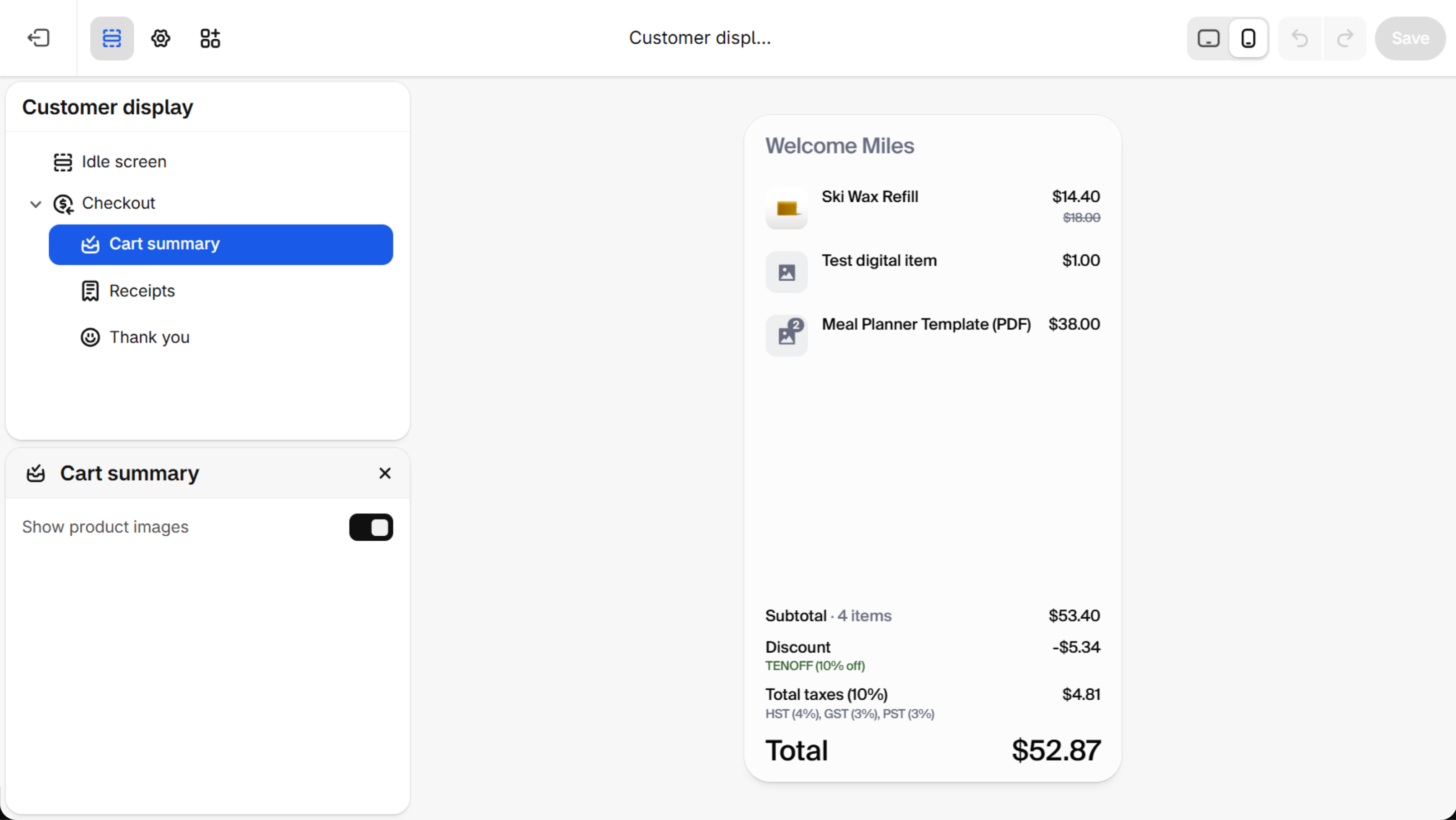 Cart summary panel in the POS editor with Show product images switched on, beside a cart preview filled with the editor's sample items
