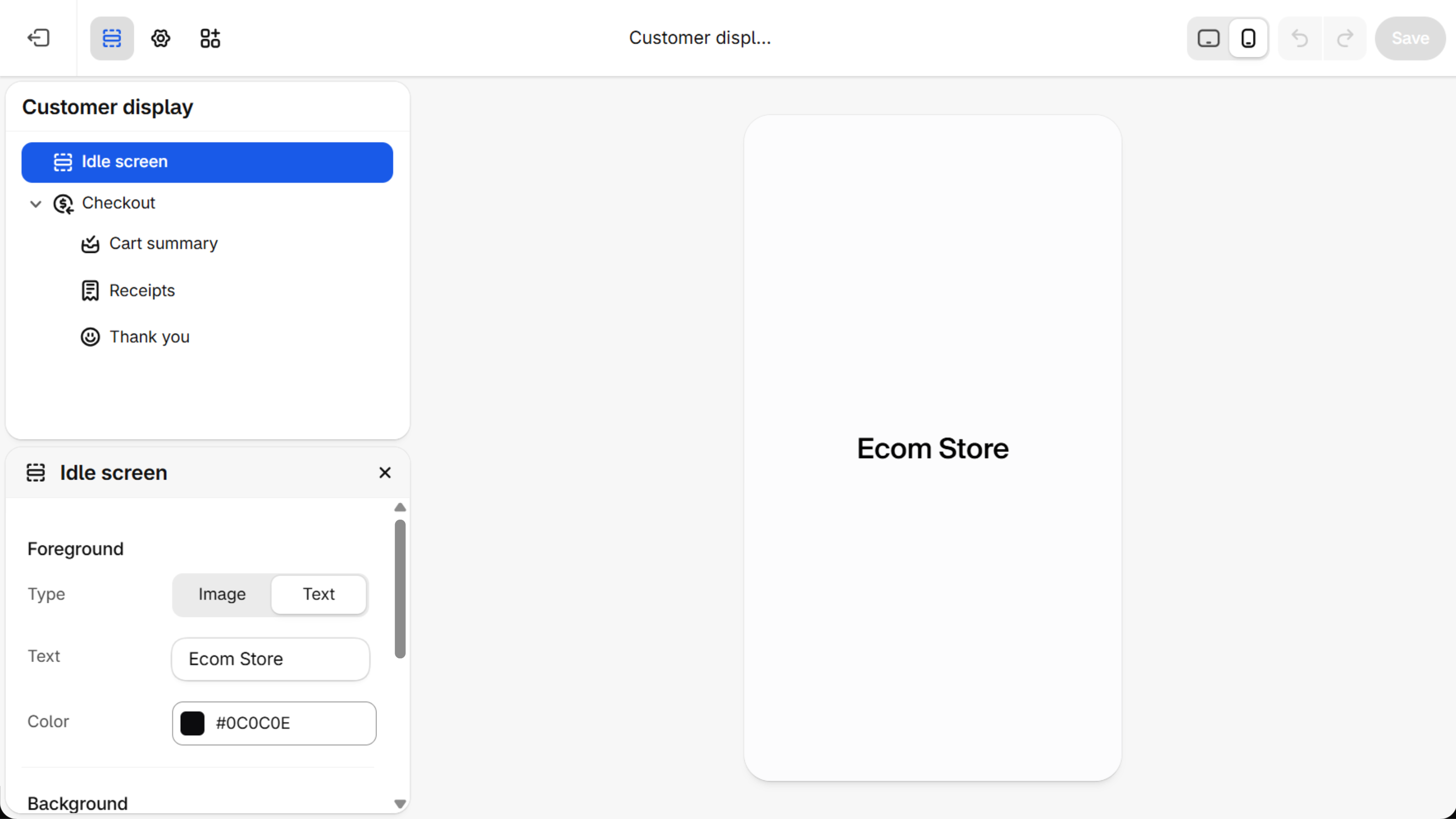 POS editor with the Customer display tree open on Idle screen, showing Foreground type, text and color fields, a preview of the idle screen and a device preview switch