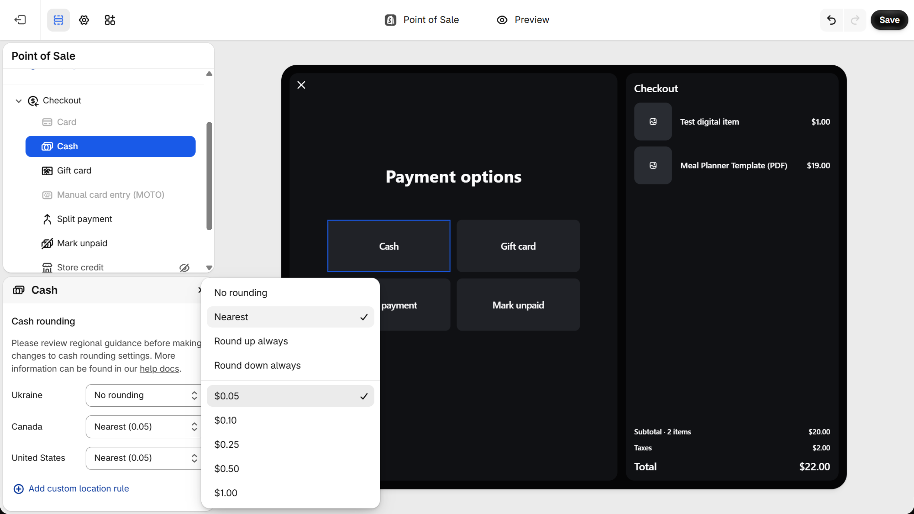 POS editor Cash settings with Cash rounding rows for Ukraine, Canada and the United States and a rounding dropdown open, listing No rounding, Nearest, Round up always, Round down always and steps from $0.05 to $1.00.
