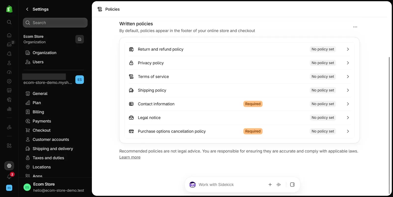 Shopify admin Settings, Policies page: the Written policies list with rows for Return and refund policy, Privacy policy, Terms of service, Shipping policy, Contact information, Legal notice and Purchase options cancellation policy, each marked No policy set.
