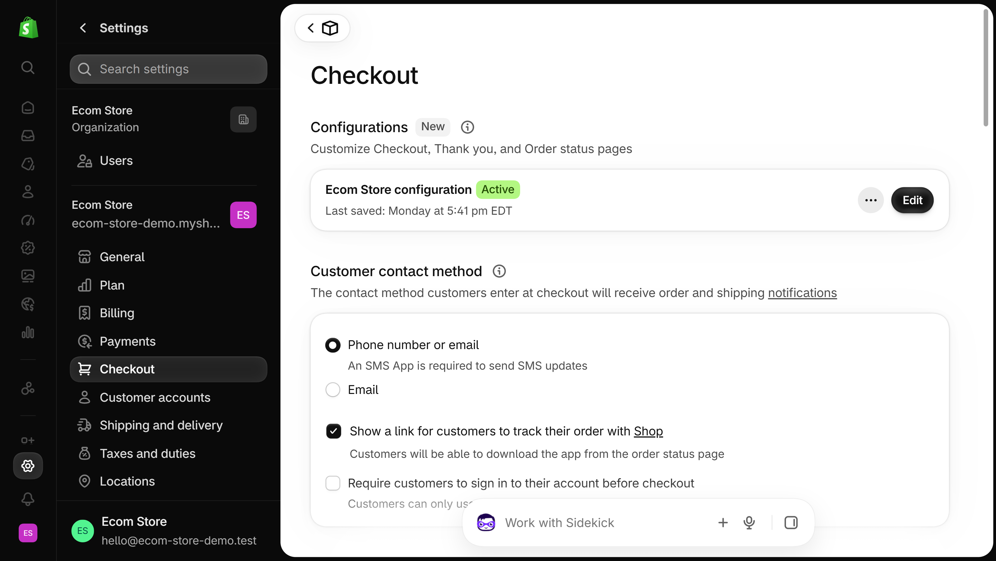 Checkout settings in a development store, Customer contact method section: Phone number or email selected with the note An SMS App is required to send SMS updates, and an Email option.