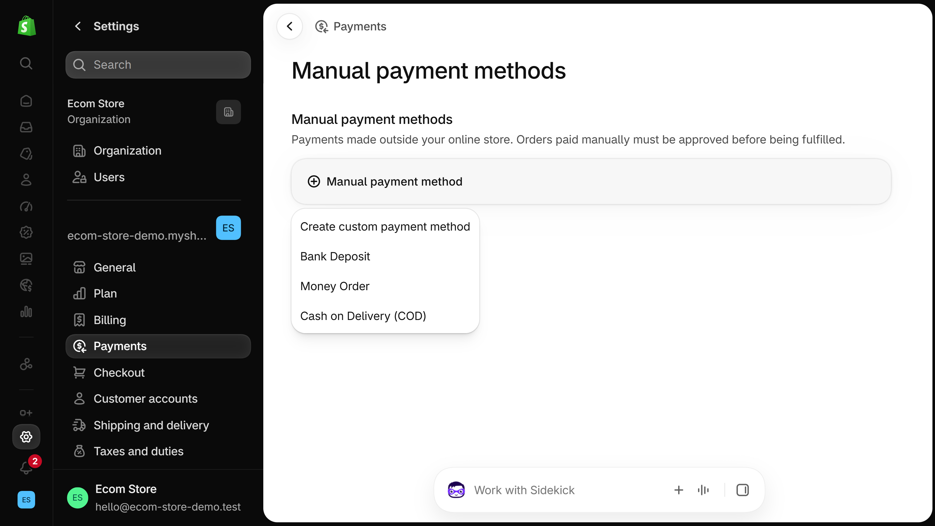 Shopify admin Manual payment methods page with the add menu open, listing Create custom payment method, Bank Deposit, Money Order and Cash on Delivery (COD)